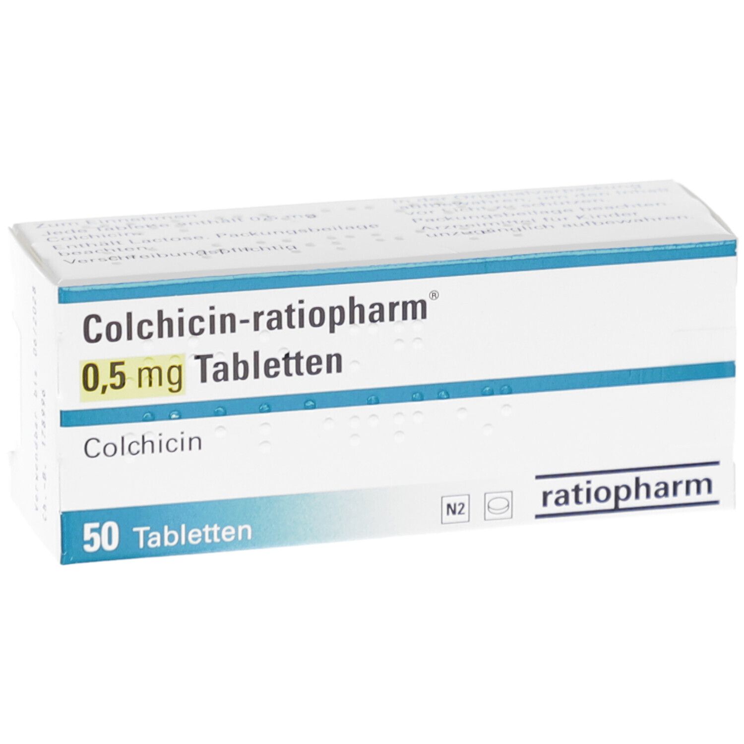 Schachtel mit COLCHICIN-ratiopharm 0,5 mg Tabletten. Aufschrift: 50 Tabletten. Logo ratiopharm.