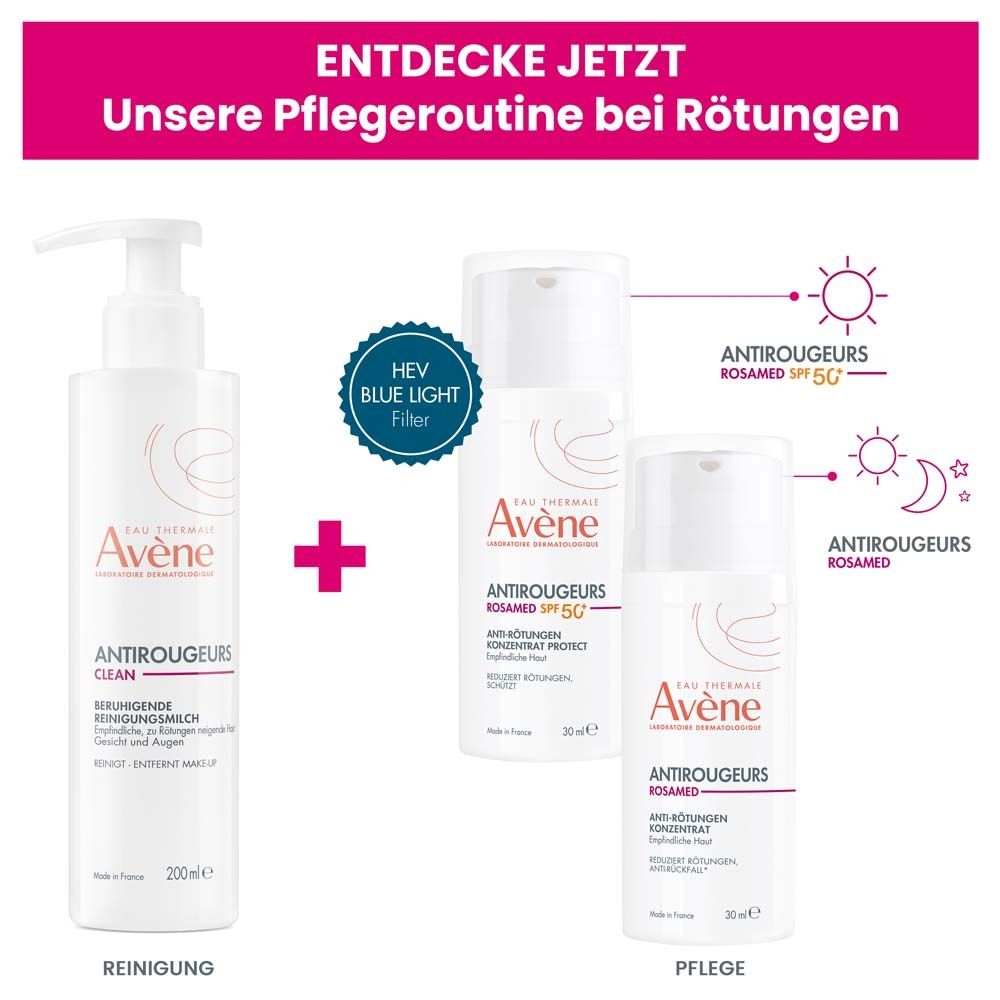 Pflege-Routine bei Rötungen: Reinigungsmilch und 2x Avène Antirougeurs Rosamed SPF50+.