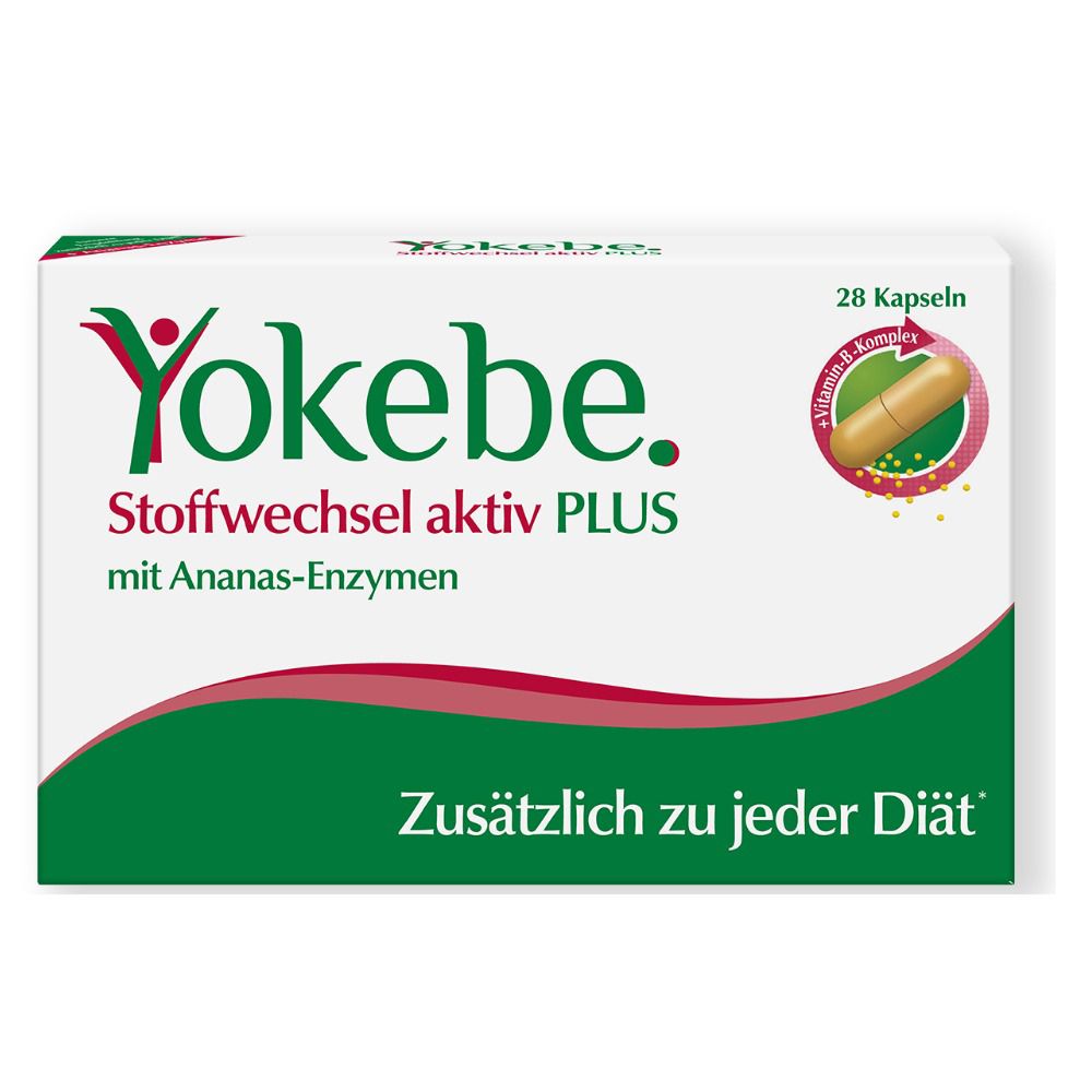 Weiße Schachtel mit Yokebe Stoffwechsel aktiv PLUS. Enthält 28 Kapseln. Grün-rotes Logo. Text: Zusätzl. zu jeder Diät.