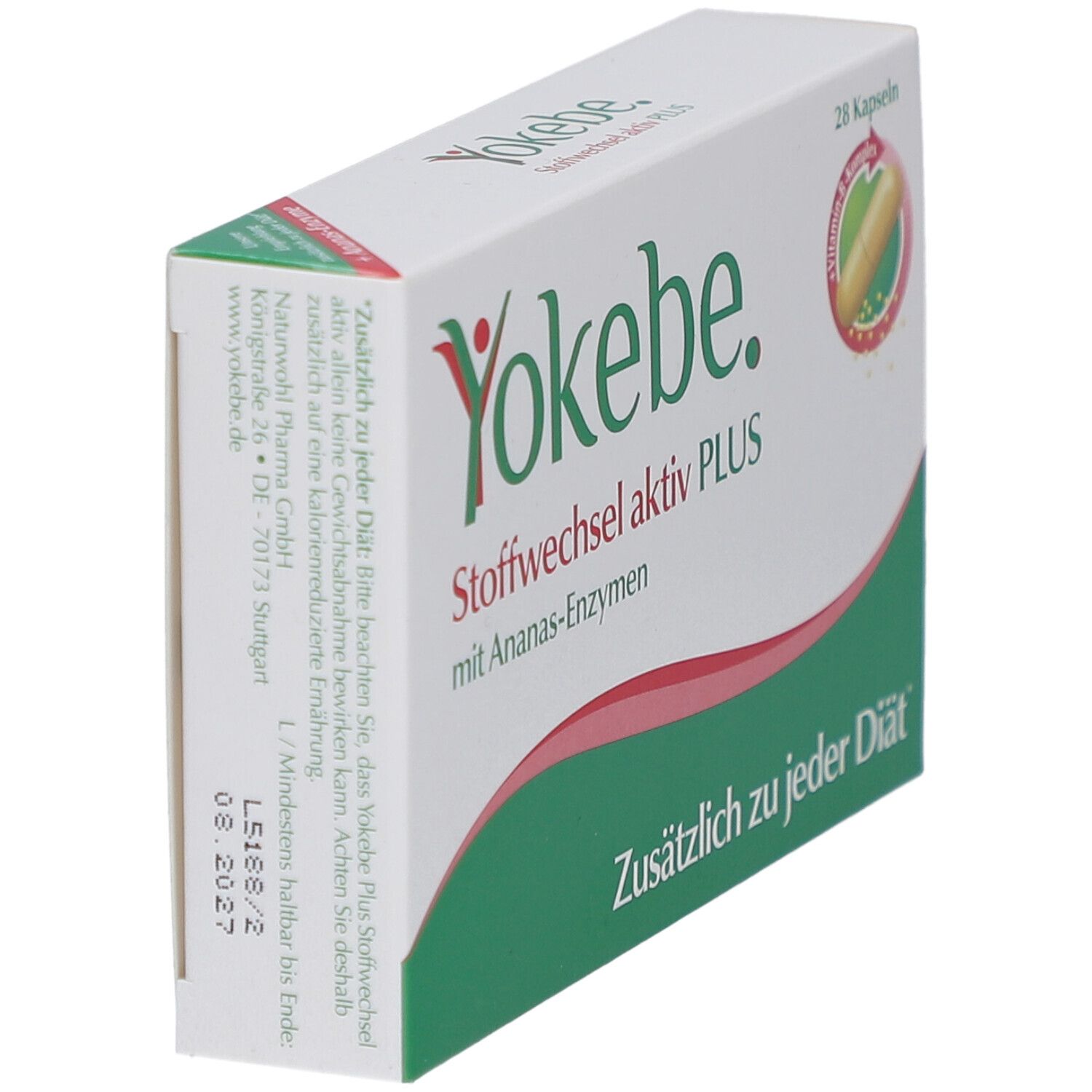Weiße Schachtel, seitliche Ansicht. Aufschrift: Yokebe Stoffwechsel aktiv PLUS. Enthält 28 Kapseln. Mit Ananas-Enzymen. Grüne und rote Akzente.