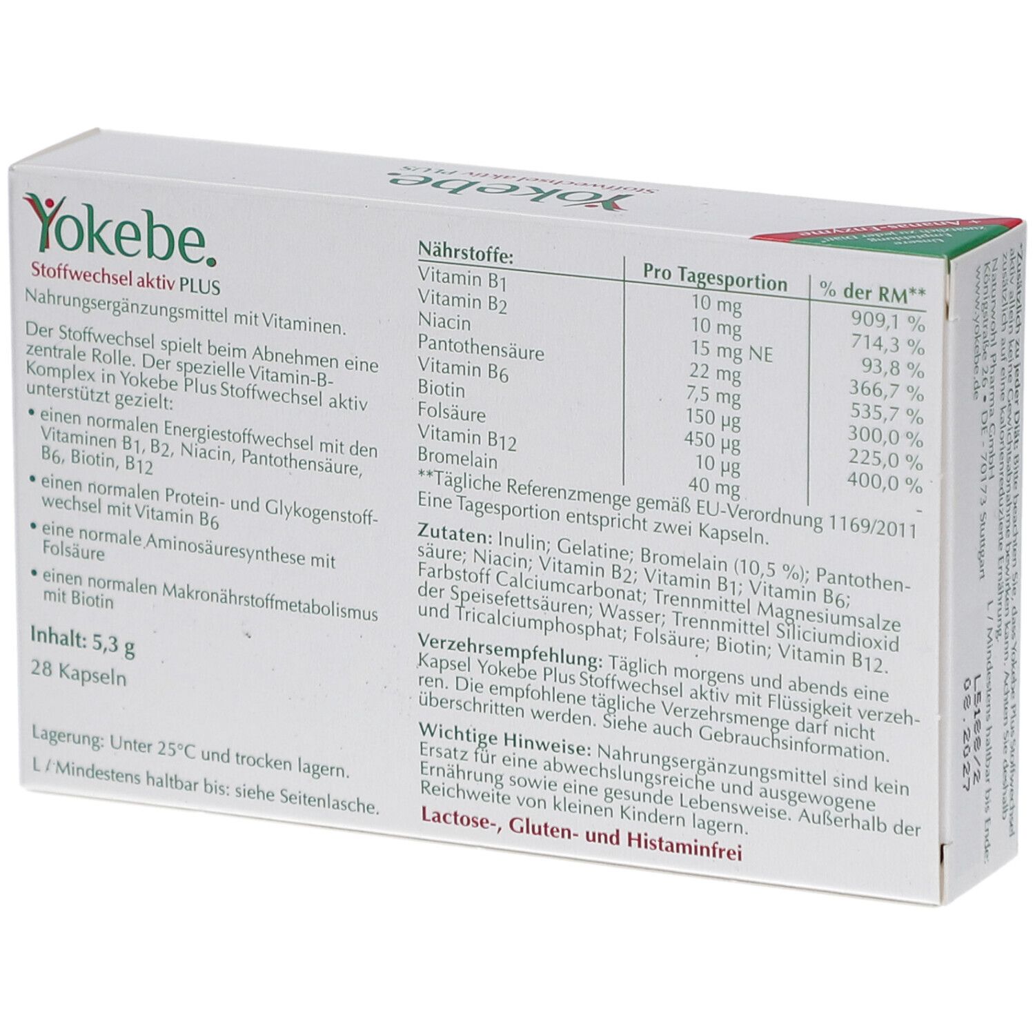 Rückseite der weißen Schachtel. Enthält Nährwertangaben und Inhaltsstoffe. Aufschrift: Yokebe Stoffwechsel aktiv PLUS. 28 Kapseln.