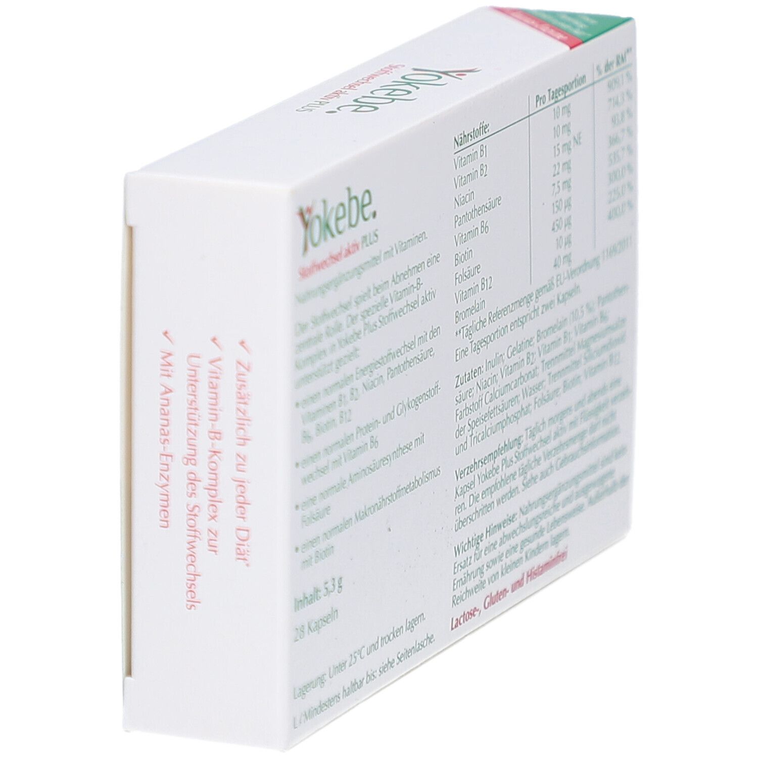 Weiße Schachtel, seitliche Ansicht. Aufschrift: Yokebe Stoffwechsel aktiv PLUS. Enthält 28 Kapseln. Mit Ananas-Enzymen. Nährwertangaben.