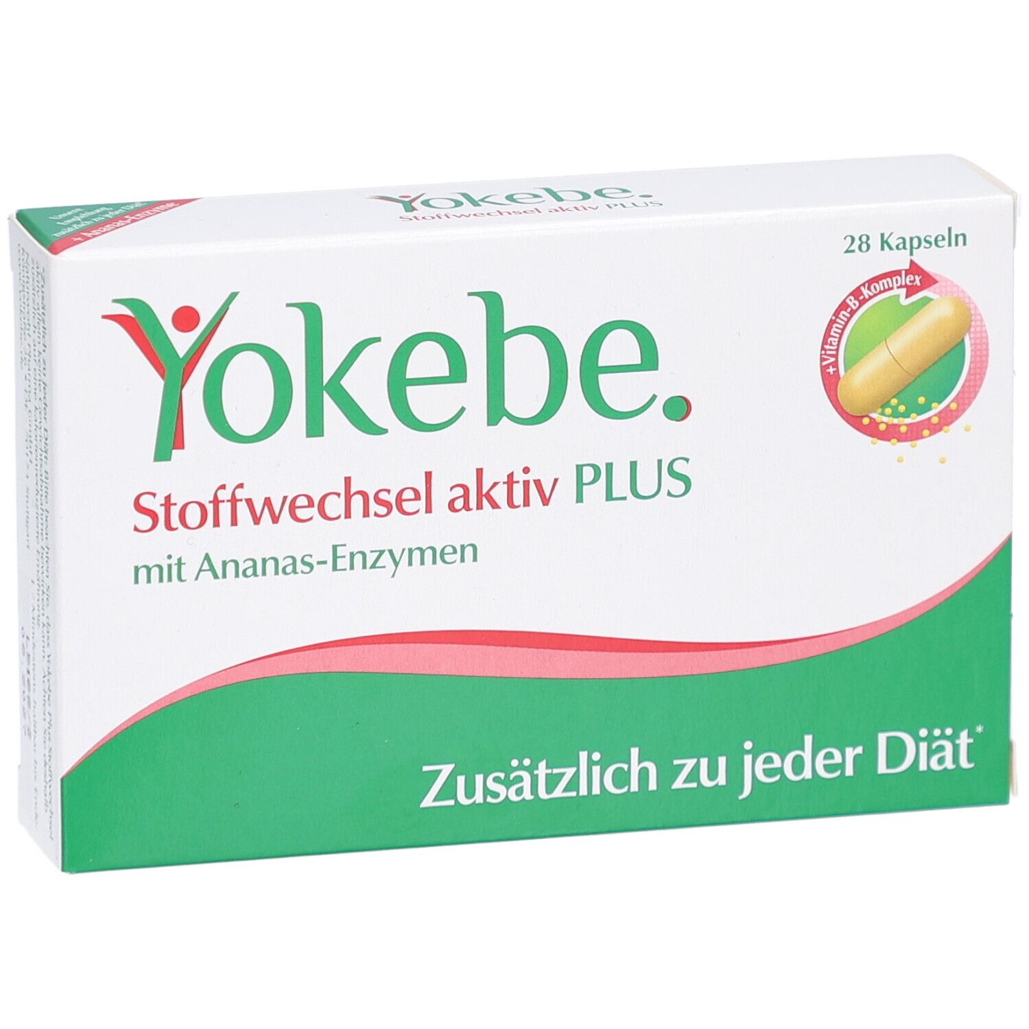 Weiße Schachtel mit grünen und roten Akzenten. Aufschrift: Yokebe Stoffwechsel aktiv PLUS. Enthält 28 Kapseln. Mit Ananas-Enzymen.