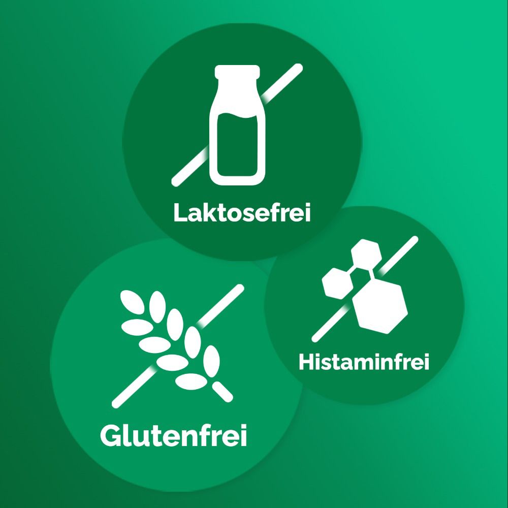 Kreisförmige Symbole: Laktosefrei, Glutenfrei, Histaminfrei. Grüne Hintergründe mit weißen Symbolen.