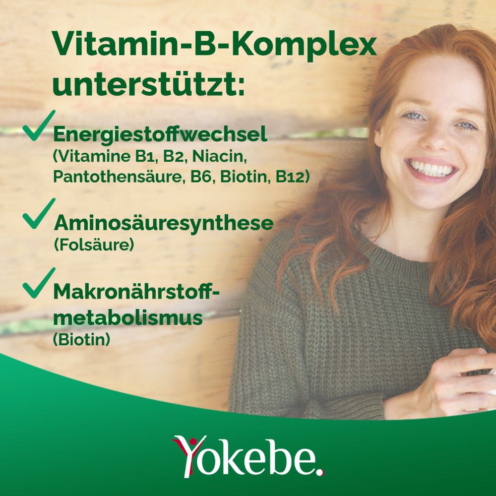 Frau lächelt. Text: Vitamin-B-Komplex unterstützt: Energiestoffwechsel, Aminosäuresynthese, Makronährstoffmetabolismus. Yokebe.