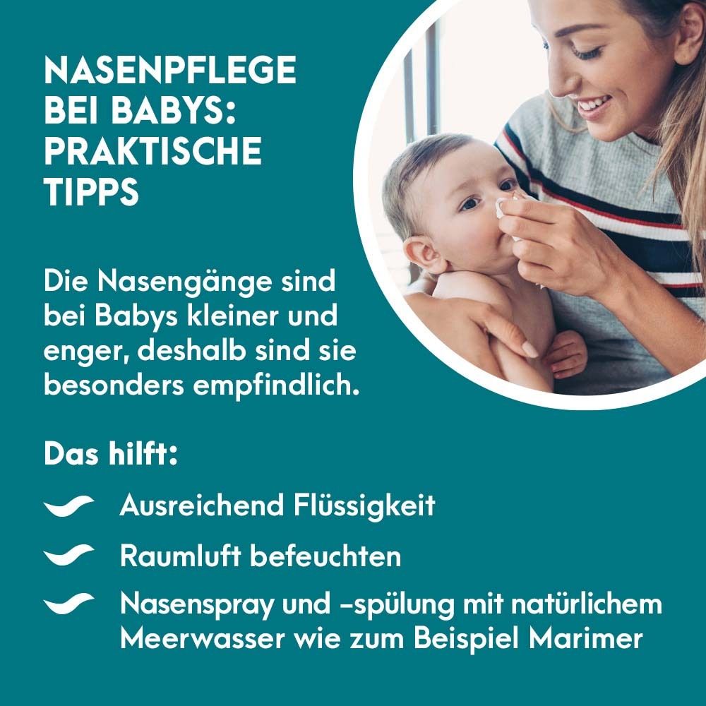 Tipps zur Nasenpflege bei Babys. Frau und Baby. Ausreichend Flüssigkeit, Raumluft befeuchten.
