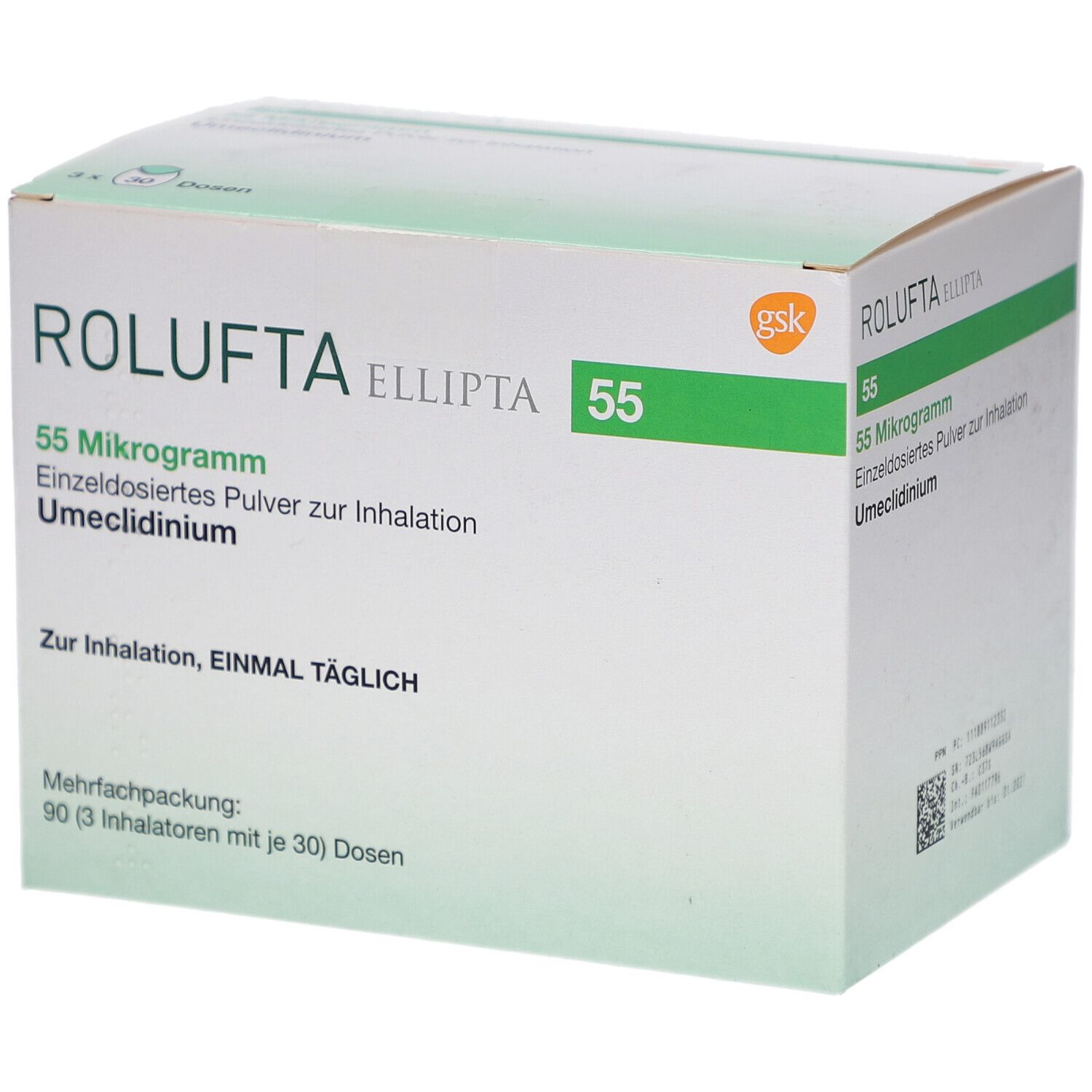 ROLUFTA Ellipta 55, Packung. Text: 55 Mikrogramm, Einzeldosiertes Pulver zur Inhalation, Umeclidinium. Mehrfachpackung: 90 Dosen.