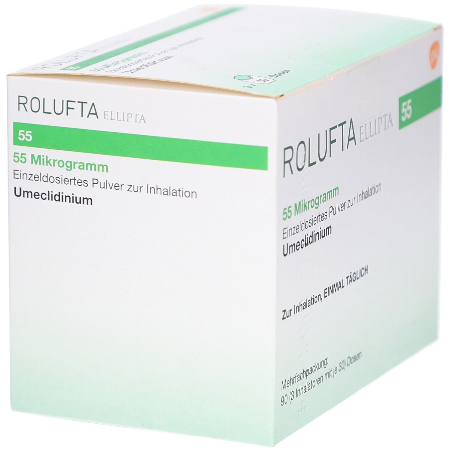 ROLUFTA Ellipta 55 Packung. Text: 55 Mikrogramm, Einzeldosiertes Pulver zur Inhalation, Umeclidinium. Zur Inhalation, EINMAL TÄGLICH.