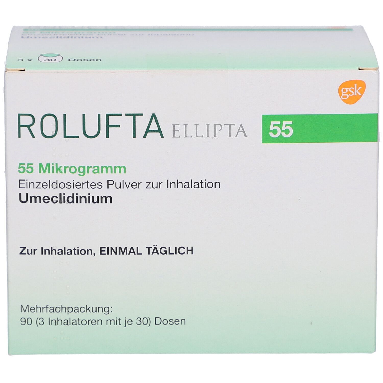 ROLUFTA Ellipta 55 Packung. Text: 55 Mikrogramm, Einzeldosiertes Pulver zur Inhalation, Umeclidinium. Zur Inhalation, EINMAL TÄGLICH.