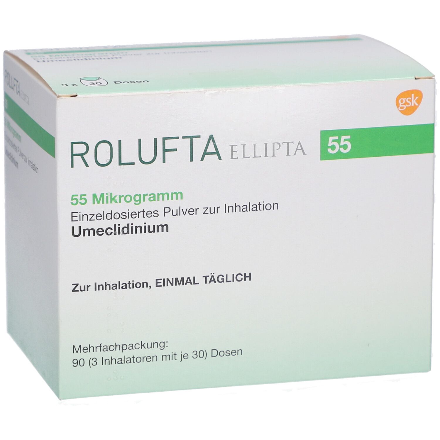 ROLUFTA Ellipta 55 Packung. Text: 55 Mikrogramm, Einzeldosiertes Pulver zur Inhalation, Umeclidinium. Zur Inhalation, EINMAL TÄGLICH.