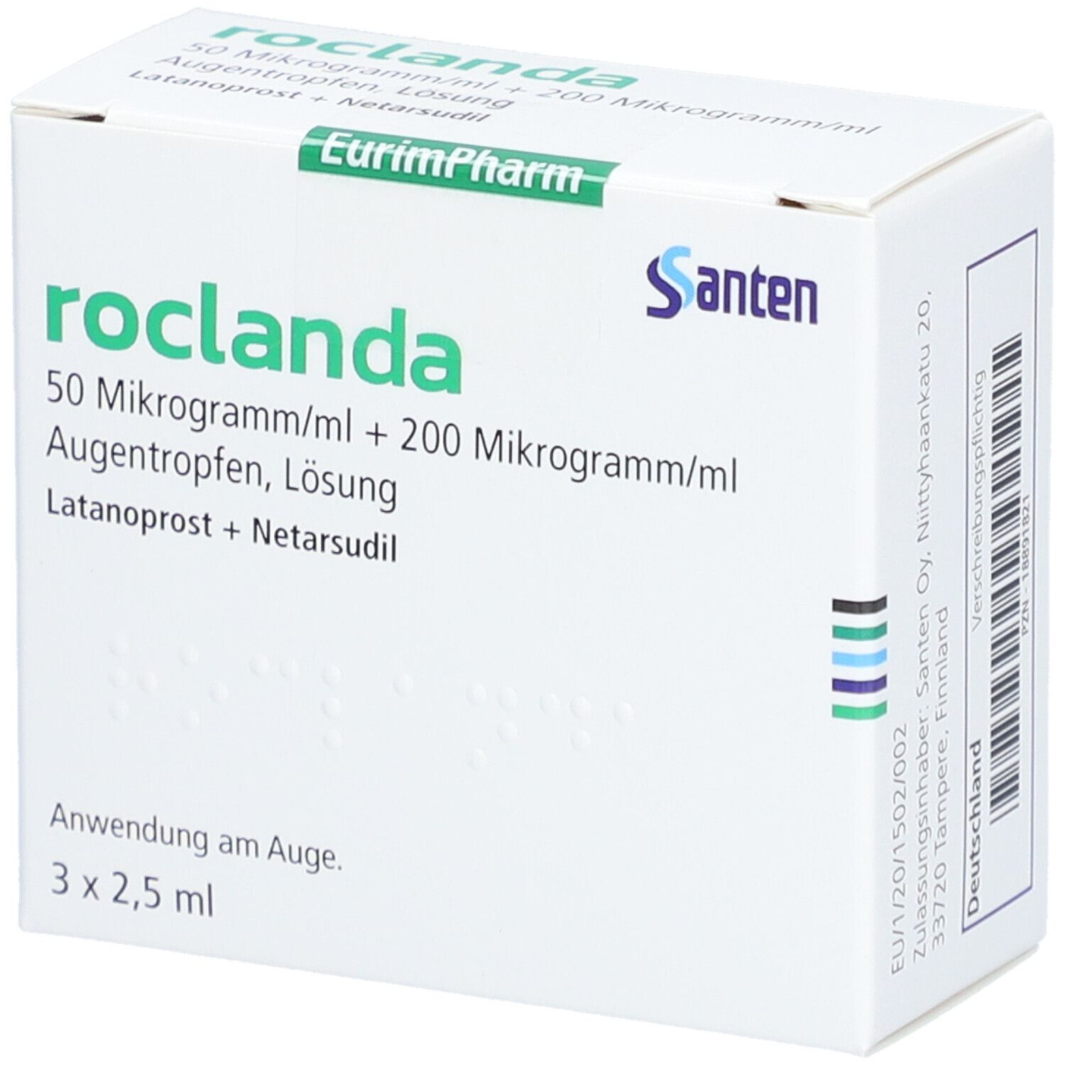 Weißer Karton mit Produktaufdruck. Schriftzug: roclanda, 50 Mikrogramm/ml + 200 Mikrogramm/ml Augentropfen. Hersteller: Santen.