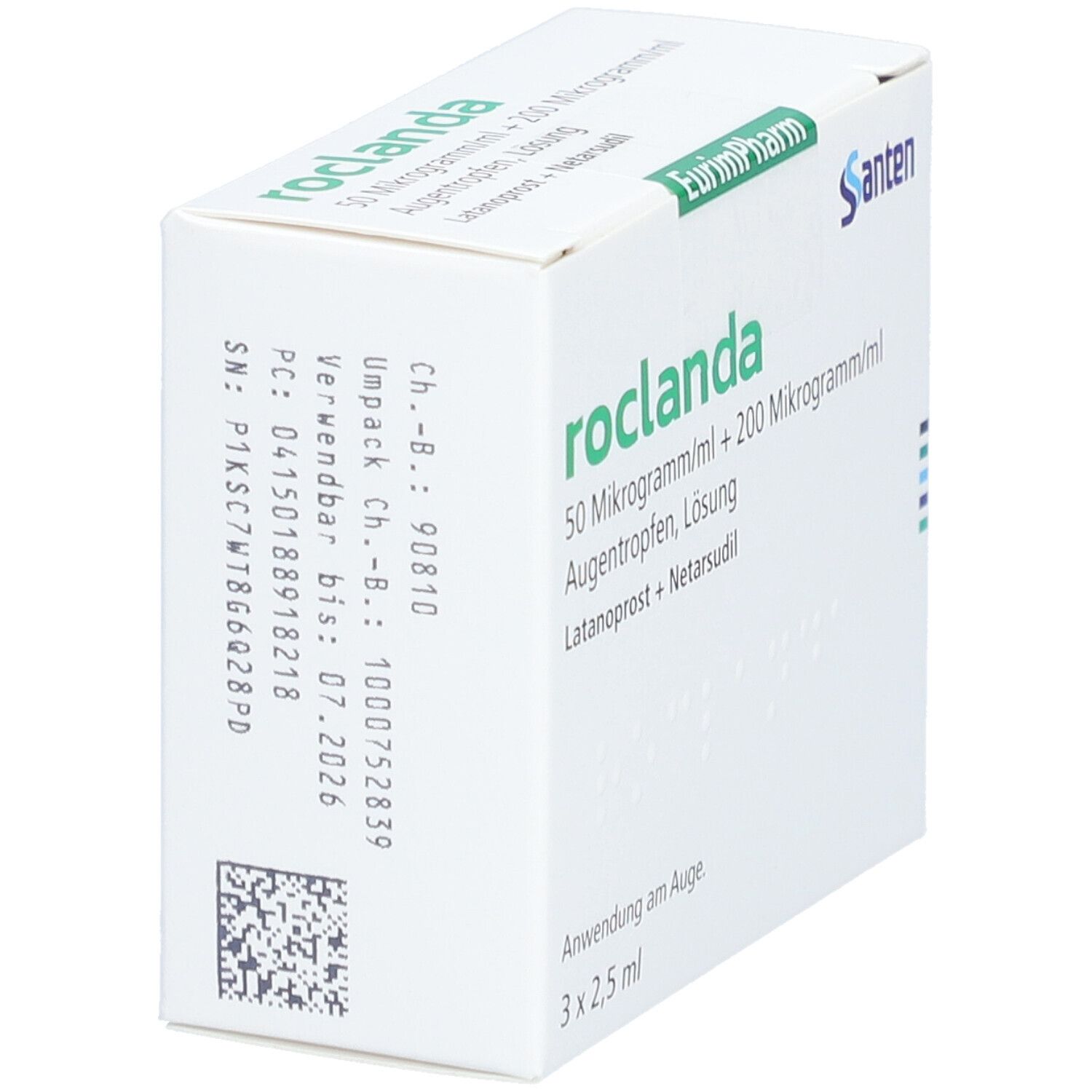 Weißer Karton, schräg. Aufdruck: roclanda, 50 Mikrogramm/ml + 200 Mikrogramm/ml Augentropfen. Hersteller: Santen. QR-Code und Chargennummer.