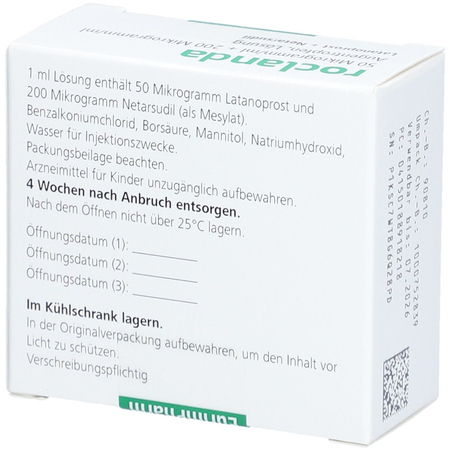 Rückseite des weißen Kartons. Text: 1 ml Lösung enthält... Inhaltsstoffe. Lagerhinweise. Haltbarkeit nach Anbruch. Herstellerinformationen.