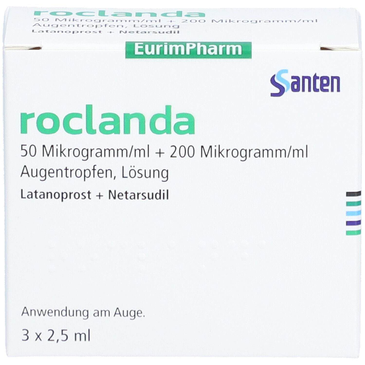 Weißer Karton mit Produktaufdruck. Schriftzug: roclanda, 50 Mikrogramm/ml + 200 Mikrogramm/ml Augentropfen. Hersteller: Santen. 3 x 2,5 ml.