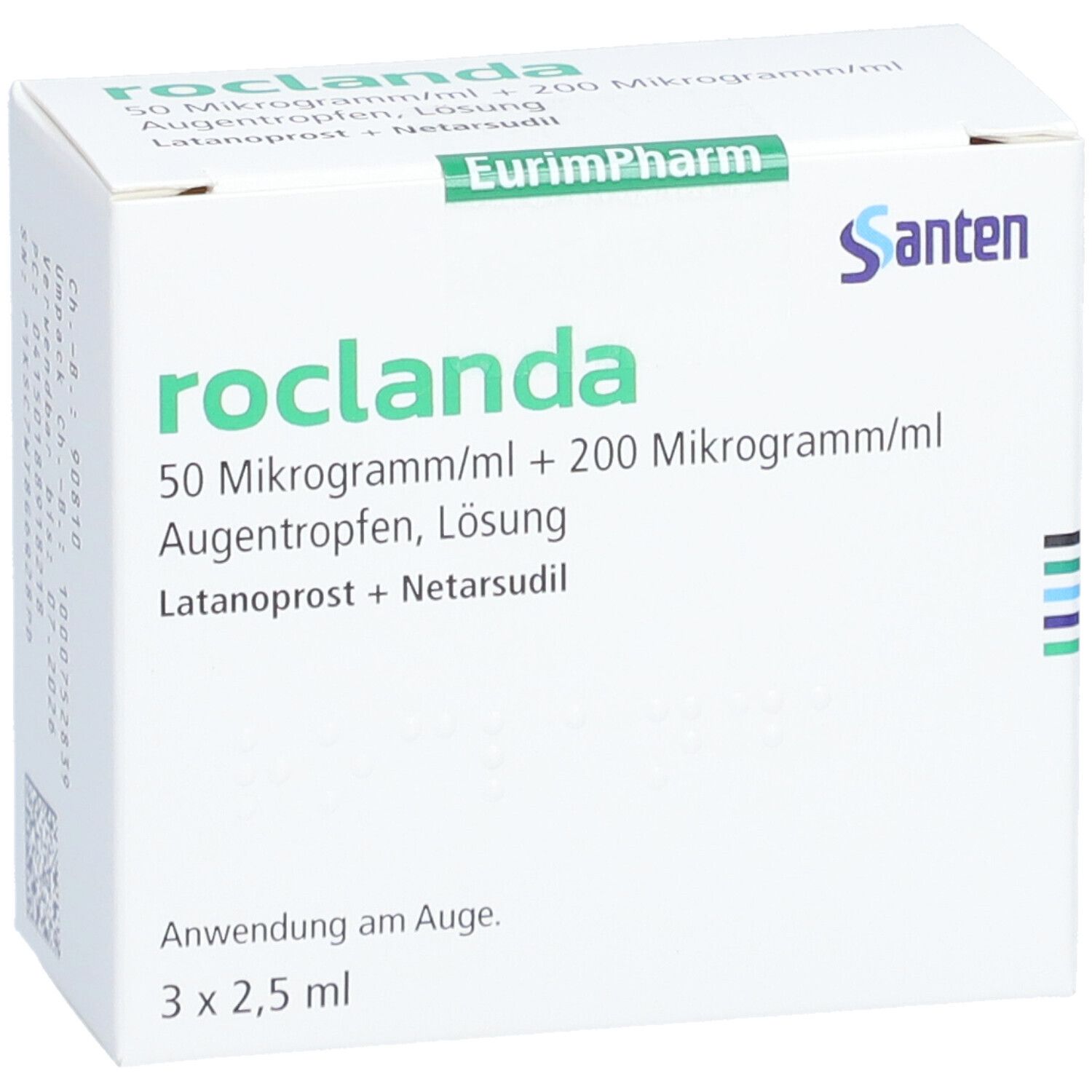 Weißer Karton mit Produktaufdruck. Schriftzug: roclanda, 50 Mikrogramm/ml + 200 Mikrogramm/ml Augentropfen. Hersteller: Santen. 3 x 2,5 ml.