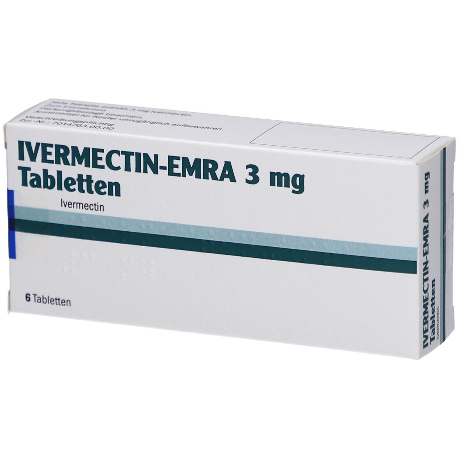 Schachtel mit IVERMECTIN-EMRA 3 mg Tabletten. Aufschrift: 6 Tabletten. Blaue und graue Streifen.