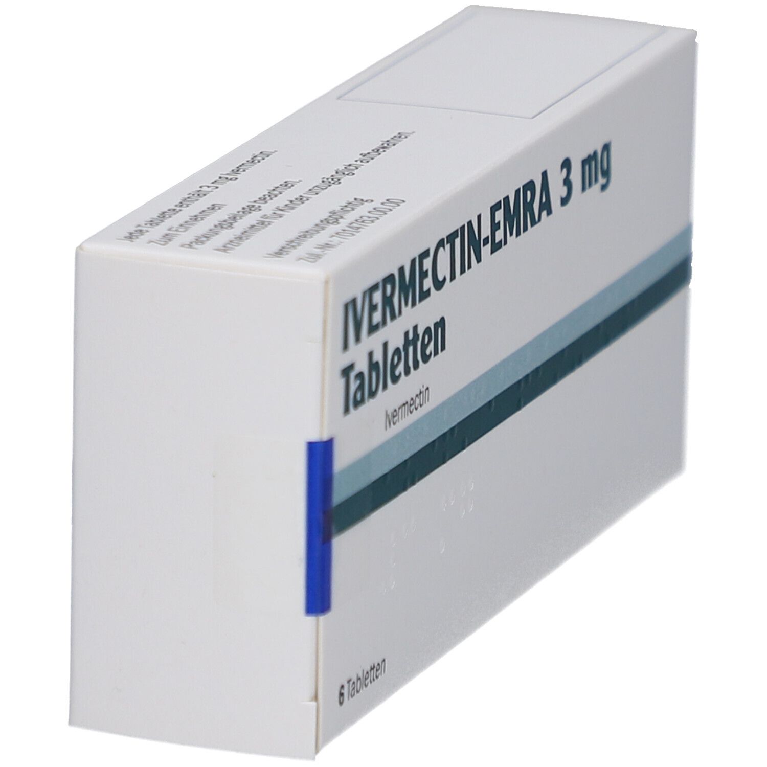 Schachtel IVERMECTIN-EMRA 3 mg Tabletten. Seitenansicht. Blaue und graue Streifen.