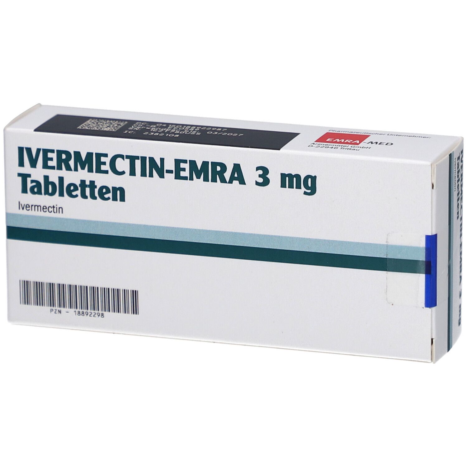 Schachtel IVERMECTIN-EMRA 3 mg Tabletten. Aufschrift: EMRA MED. Barcode.