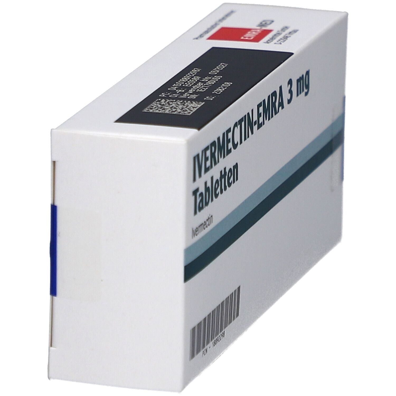 Schachtel IVERMECTIN-EMRA 3 mg Tabletten. Seitenansicht. Aufschrift: EMRA MED. Barcode.