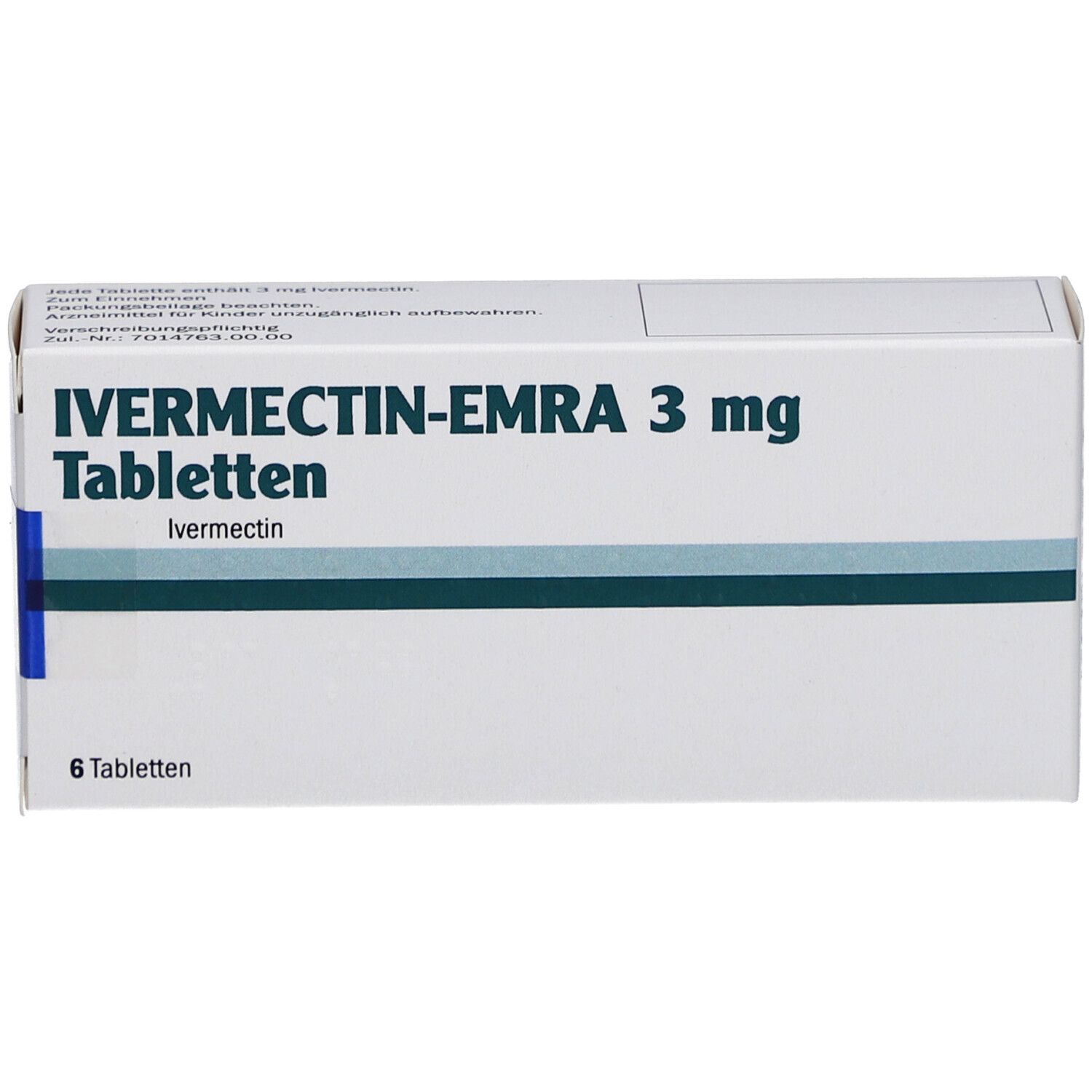 Schachtel IVERMECTIN-EMRA 3 mg Tabletten. Aufschrift: 6 Tabletten. Blaue und graue Streifen.