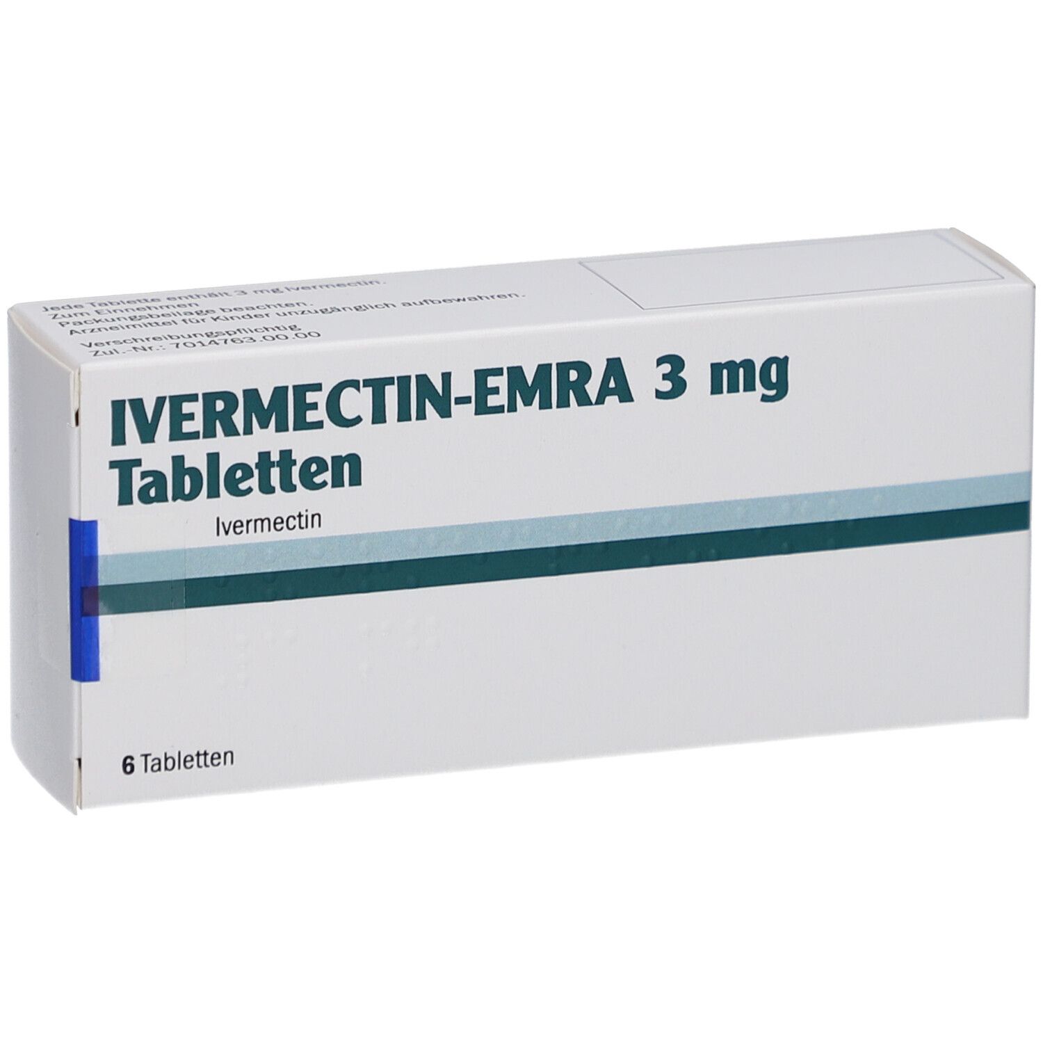 Schachtel IVERMECTIN-EMRA 3 mg Tabletten. Aufschrift: 6 Tabletten. Blaue und graue Streifen.