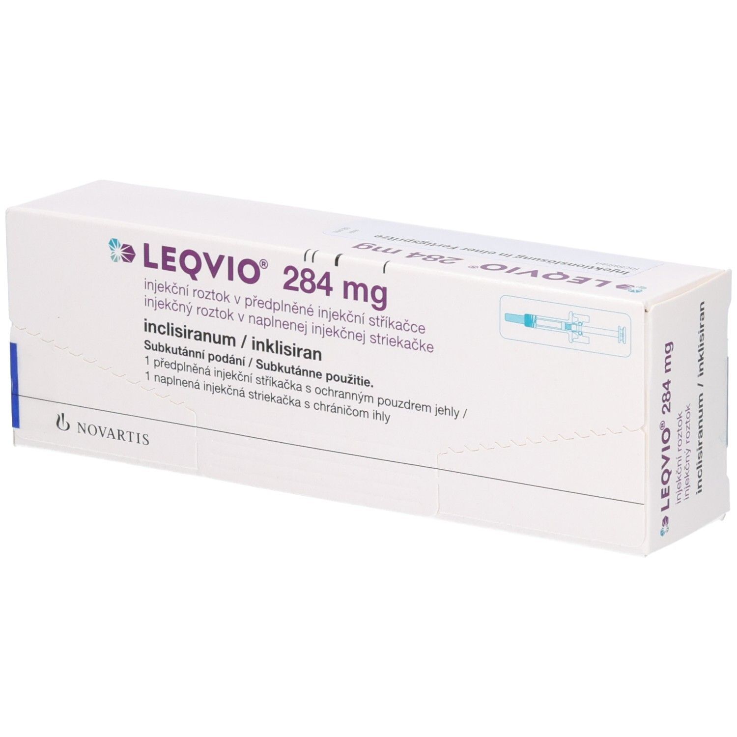 LEQVIO 284 mg Injektionslösung: Kartonverpackung mit Produktinformationen und Novartis-Logo.
