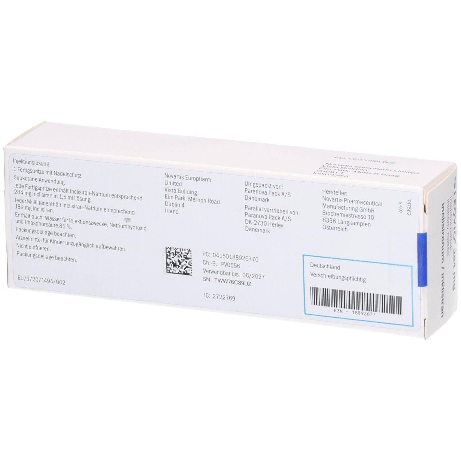 Rückseite der weißen Verpackung. Textinformationen, Barcode und QR-Code.