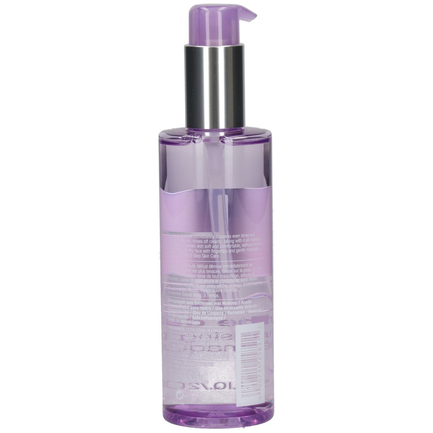 Rückseite einer Flasche mit Pumpspender, Clinique Take The Day Off Cleansing Oil.