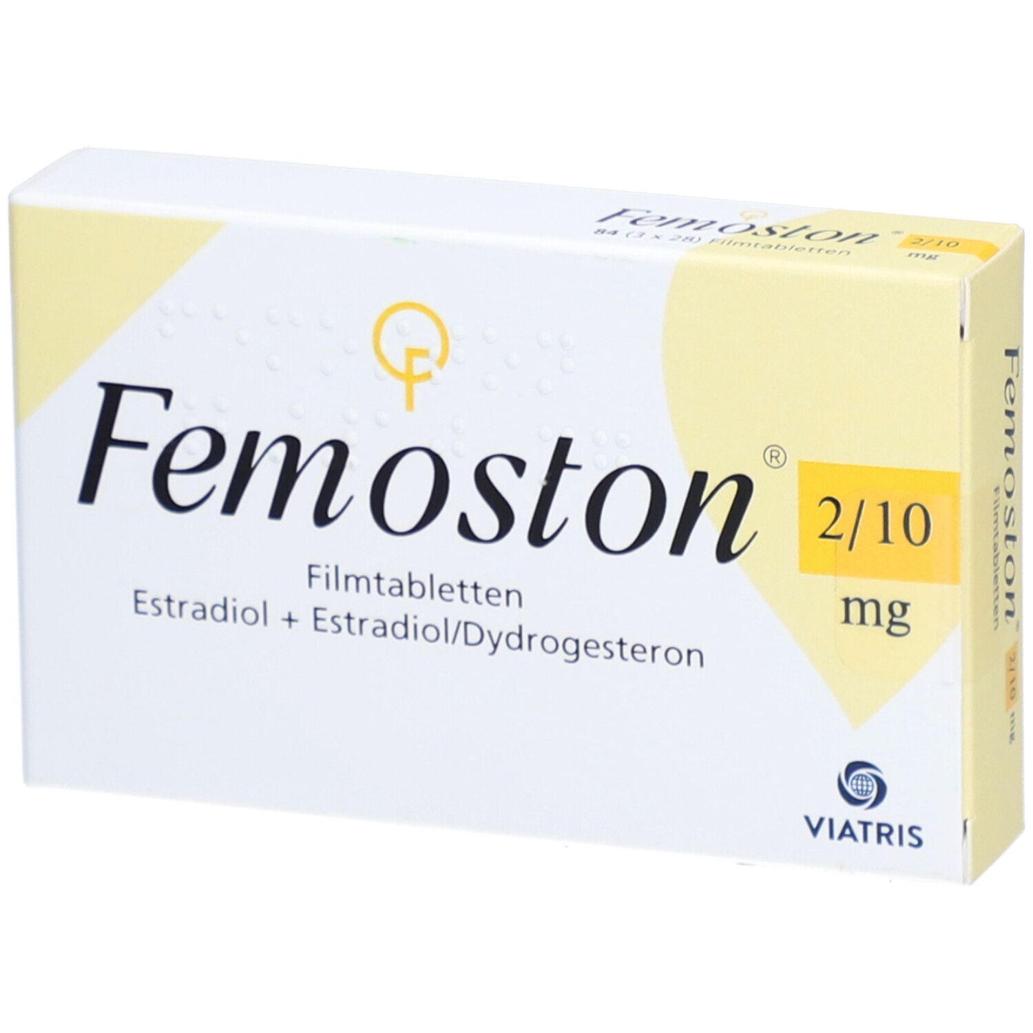 Schachtel mit Aufschrift Femoston 2/10 mg Filmtabletten. Enthält Estradiol und Dydrogesteron. Viatris Logo.