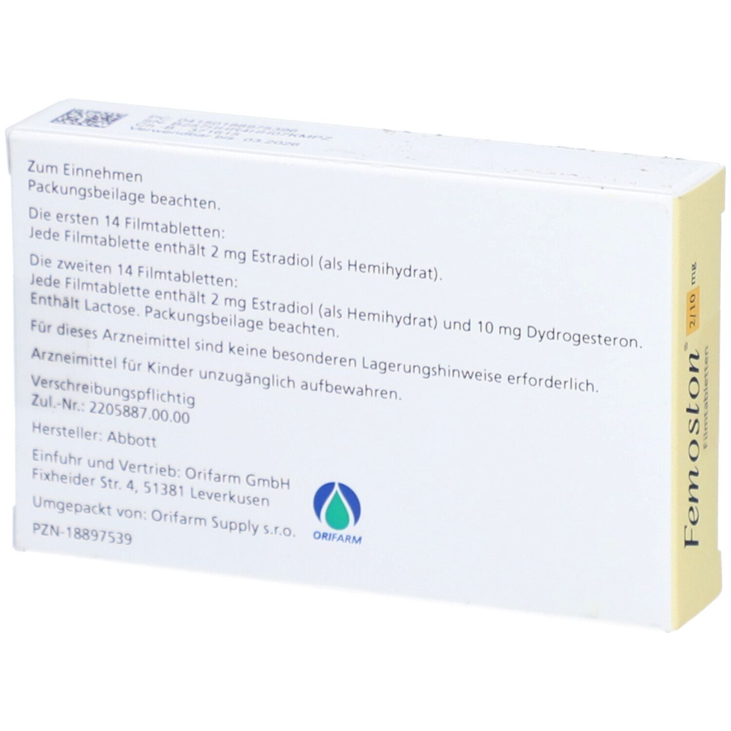 Rückseite der Femoston-Verpackung. Textinformationen zu Inhaltsstoffen, Dosierung und Hersteller. Enthält Informationen.