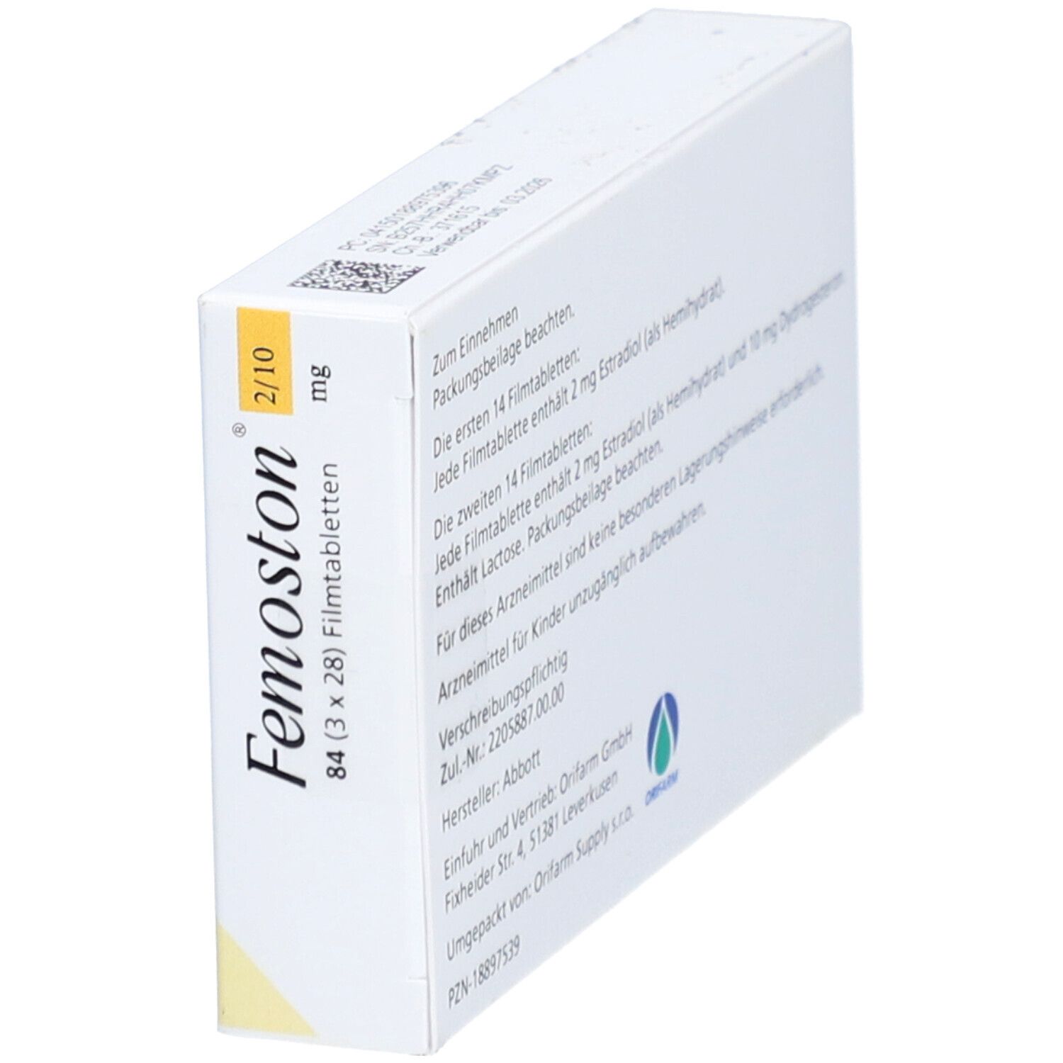 Femoston-Verpackung, schräg von oben. Aufschrift Femoston 2/10 mg Filmtabletten. Enthält 84 Tabletten.