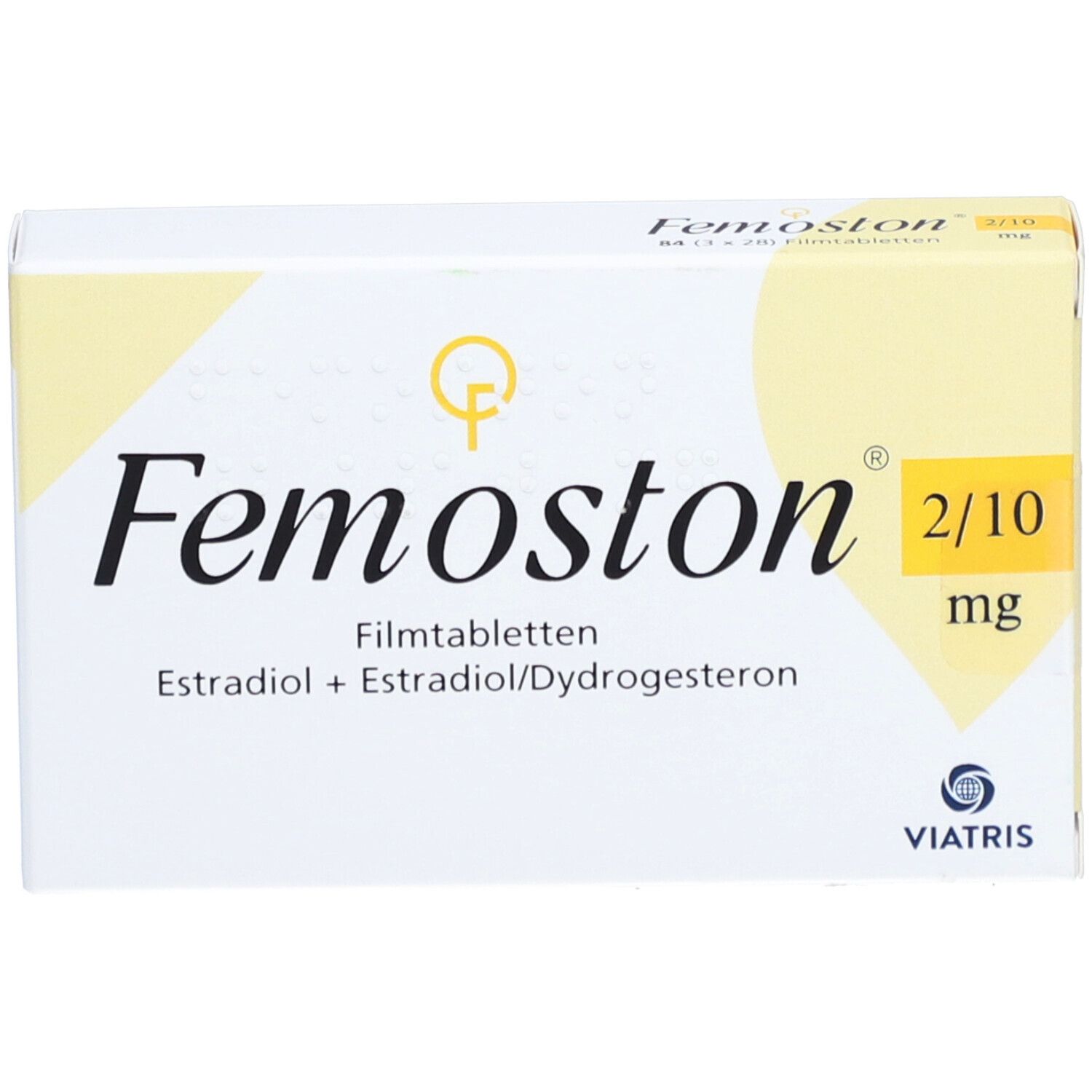 Femoston-Schachtel, Vorderansicht. Aufschrift Femoston 2/10 mg Filmtabletten. Enthält Estradiol und Dydrogesteron. Viatris Logo.