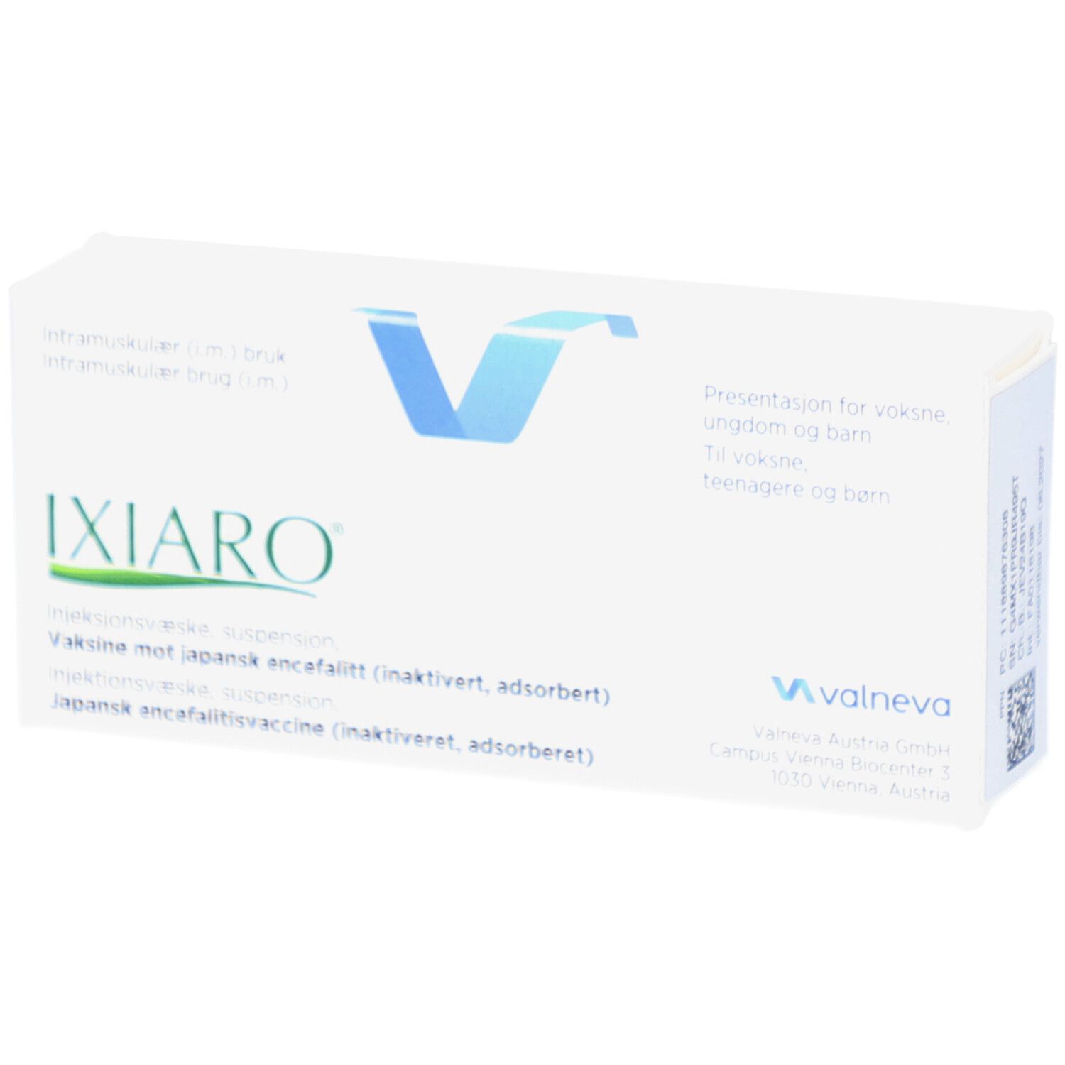 Weiße Verpackung mit IXIARO-Logo und Produktinformationen. Valneva-Logo und Text. Präsentation für Erwachsene, Jugendliche und Kinder.