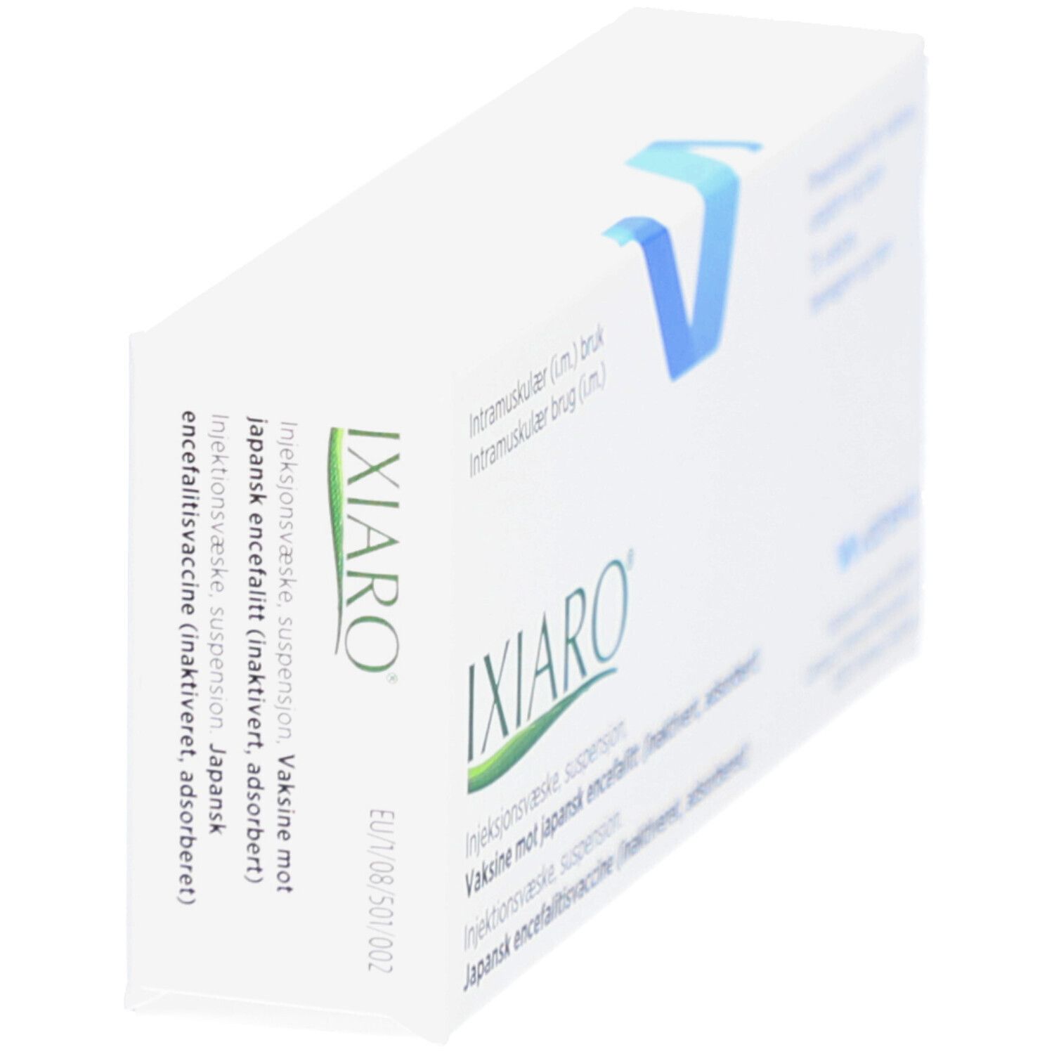 Schräg gestellte weiße Verpackung mit IXIARO-Logo und Produktinformationen. EU-Chargennummer sichtbar.