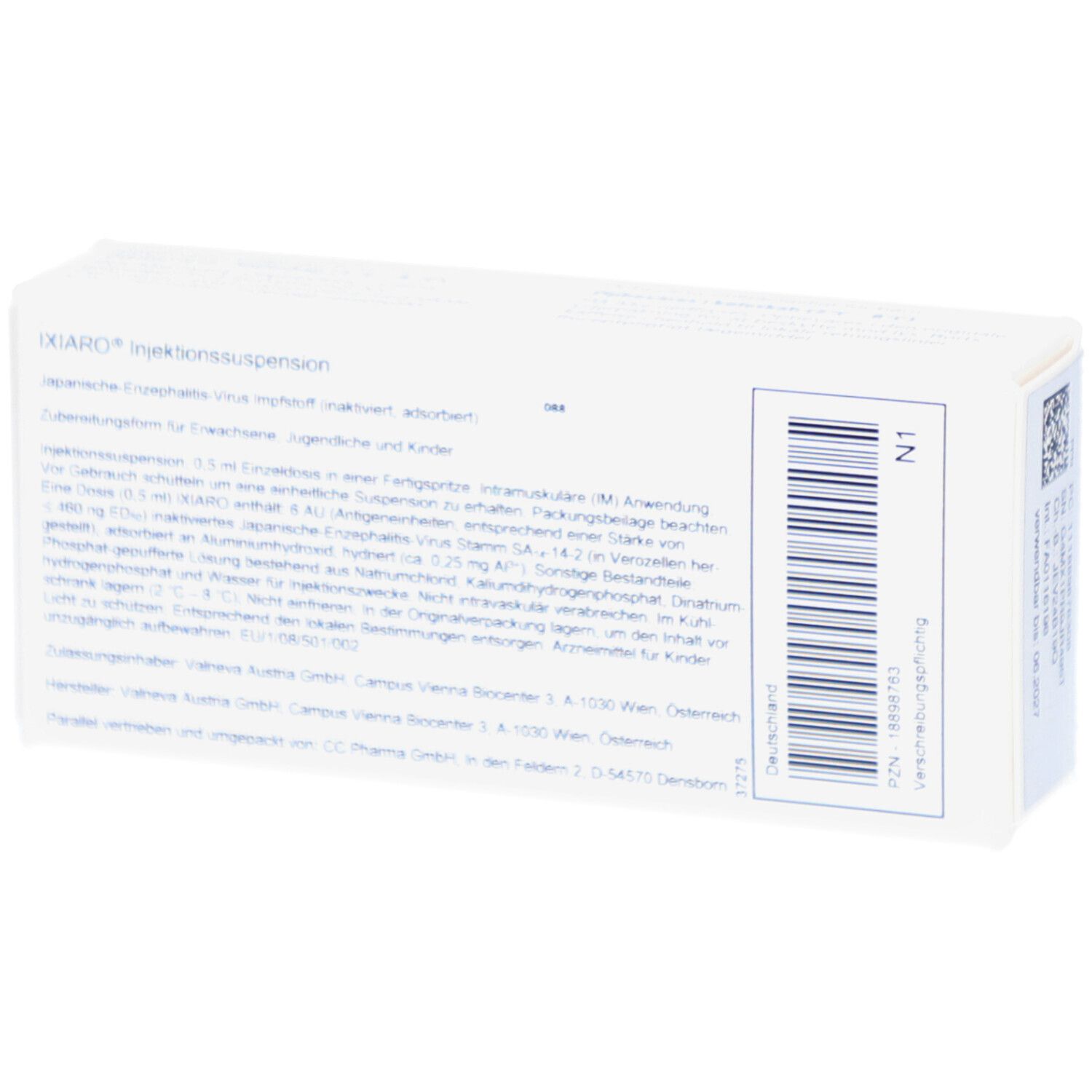 Rückseite der weißen Verpackung mit Text und Barcode. Informationen zur Injektionssuspension und Hersteller.