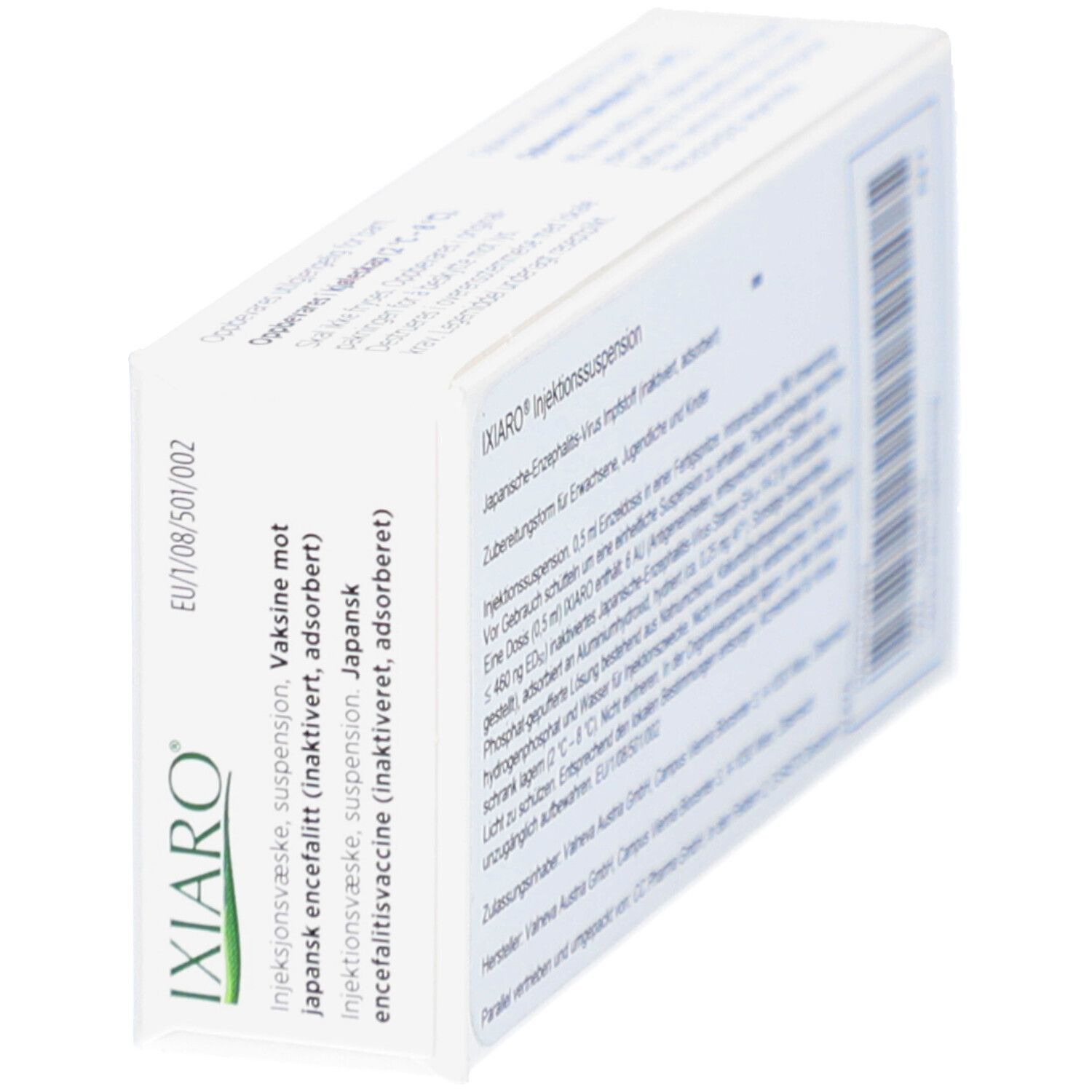 Schräg gestellte weiße Verpackung mit Text und EU-Chargennummer. Informationen zur Injektionssuspension.