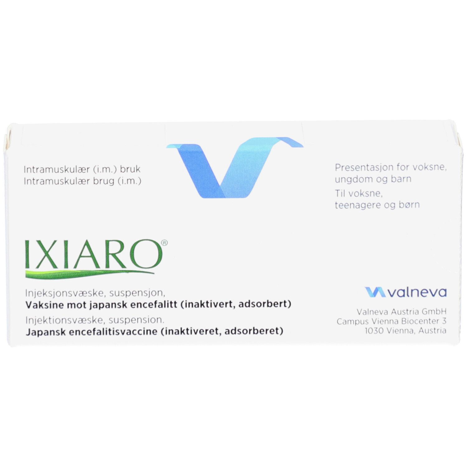 Weiße Verpackung mit IXIARO-Logo und Produktinformationen. Valneva-Logo und Text. Präsentation für Erwachsene, Jugendliche und Kinder.