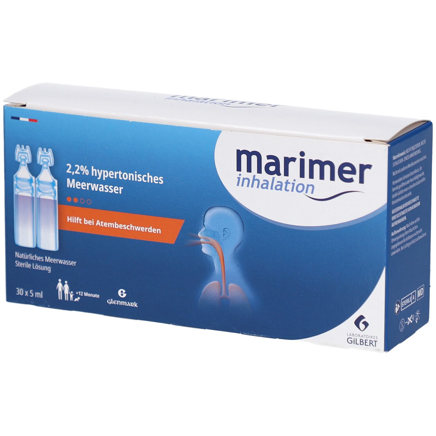 Karton mit Produktabbildung. Aufschrift: 2,2% hypertonisches Meerwasser. Hilft bei Atembeschwerden. Enthält Ampullen.