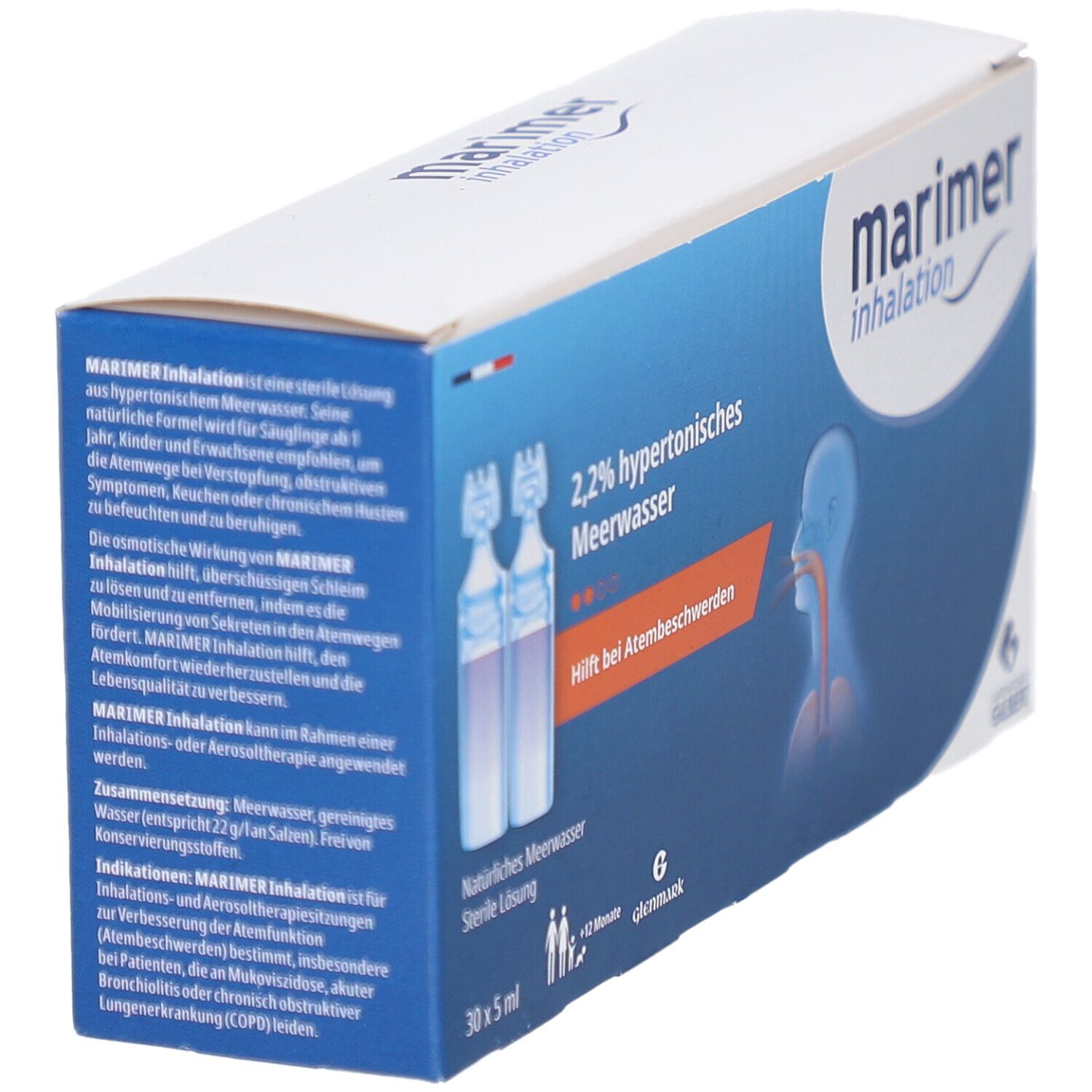 Karton mit Produktabbildung. Aufschrift: 2,2% hypertonisches Meerwasser. Hilft bei Atembeschwerden. Enthält Ampullen.