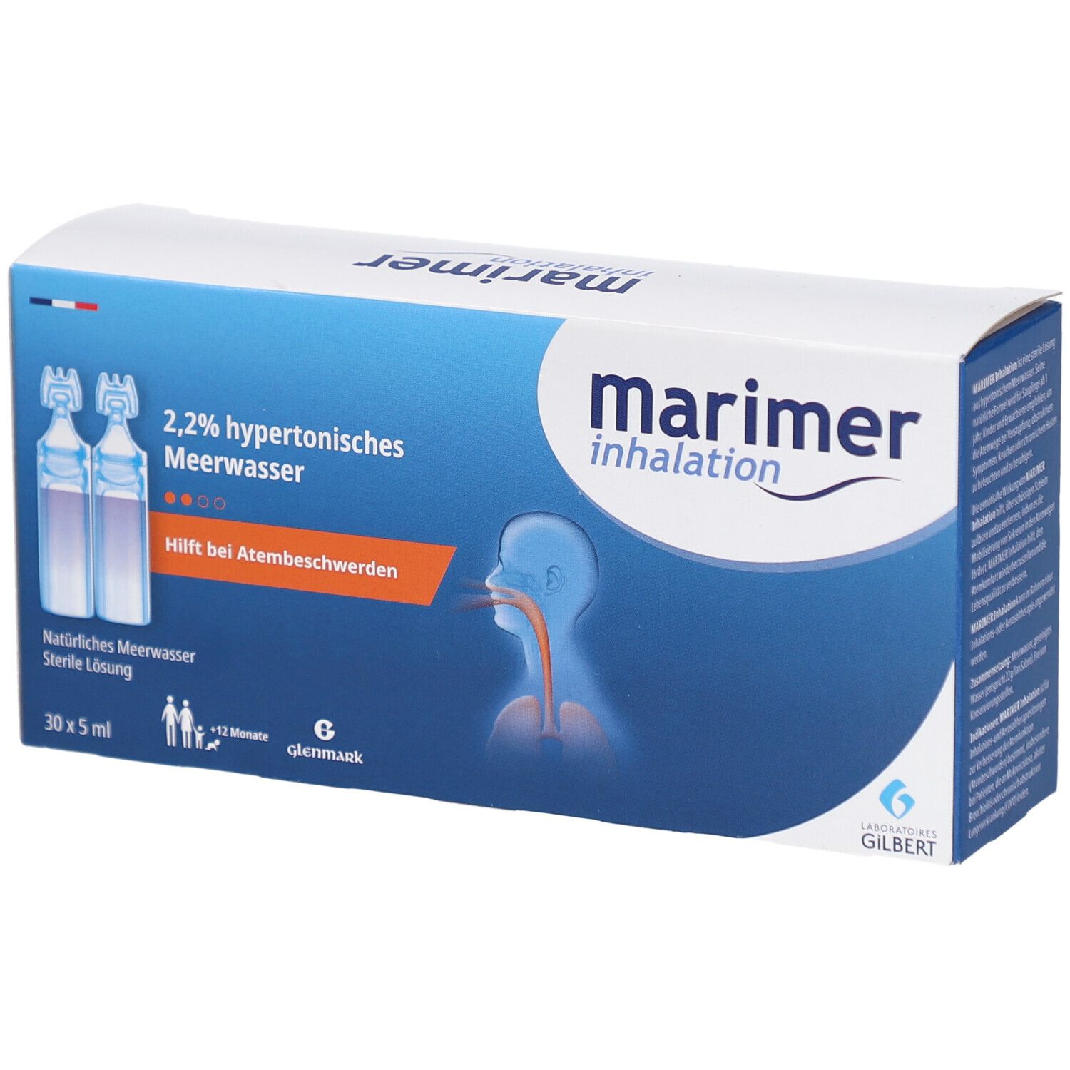 Karton mit Produktabbildung. Aufschrift: 2,2% hypertonisches Meerwasser. Hilft bei Atembeschwerden. Enthält Ampullen.