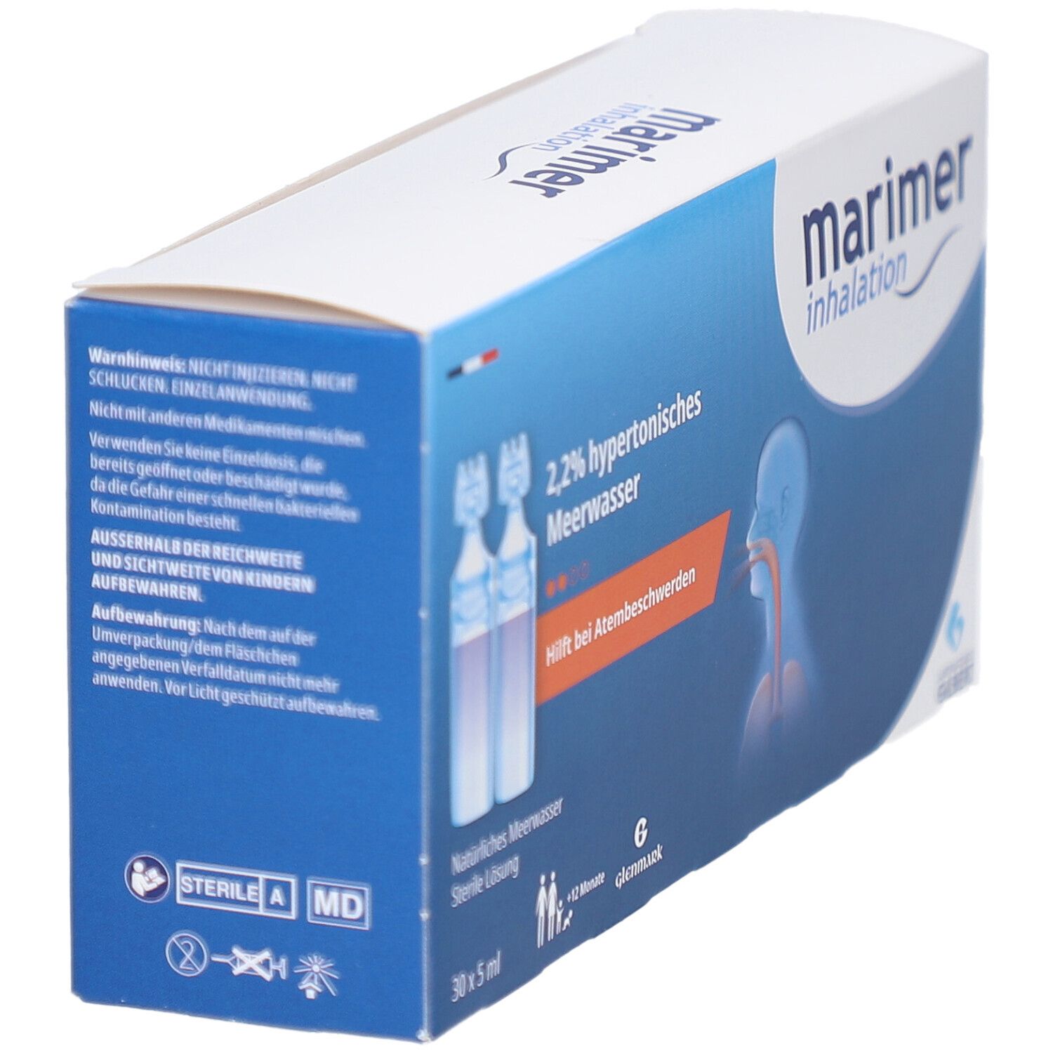 Karton mit Produktabbildung. Aufschrift: 2,2% hypertonisches Meerwasser. Hilft bei Atembeschwerden. Enthält Ampullen.