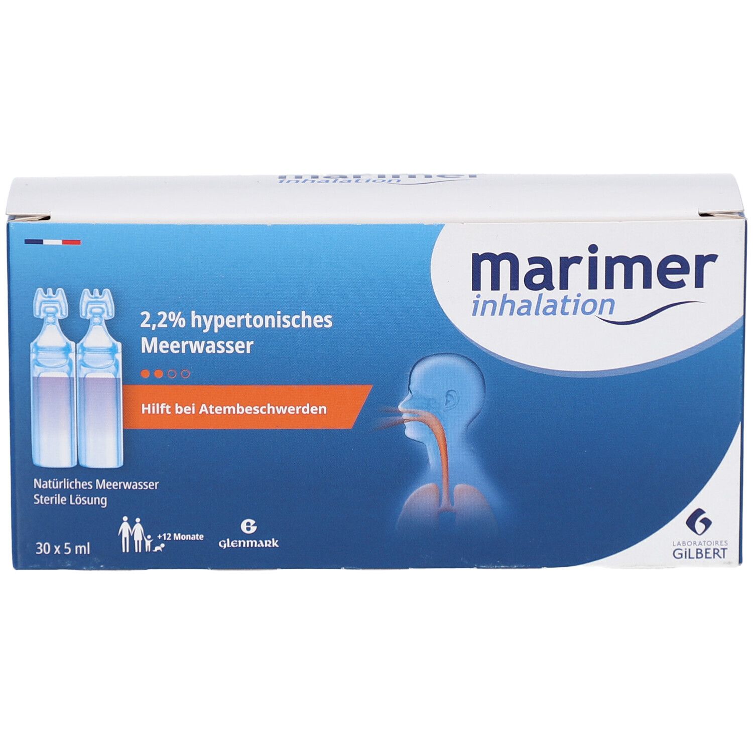 Karton mit Produktabbildung. Aufschrift: 2,2% hypertonisches Meerwasser. Hilft bei Atembeschwerden. Enthält Ampullen.