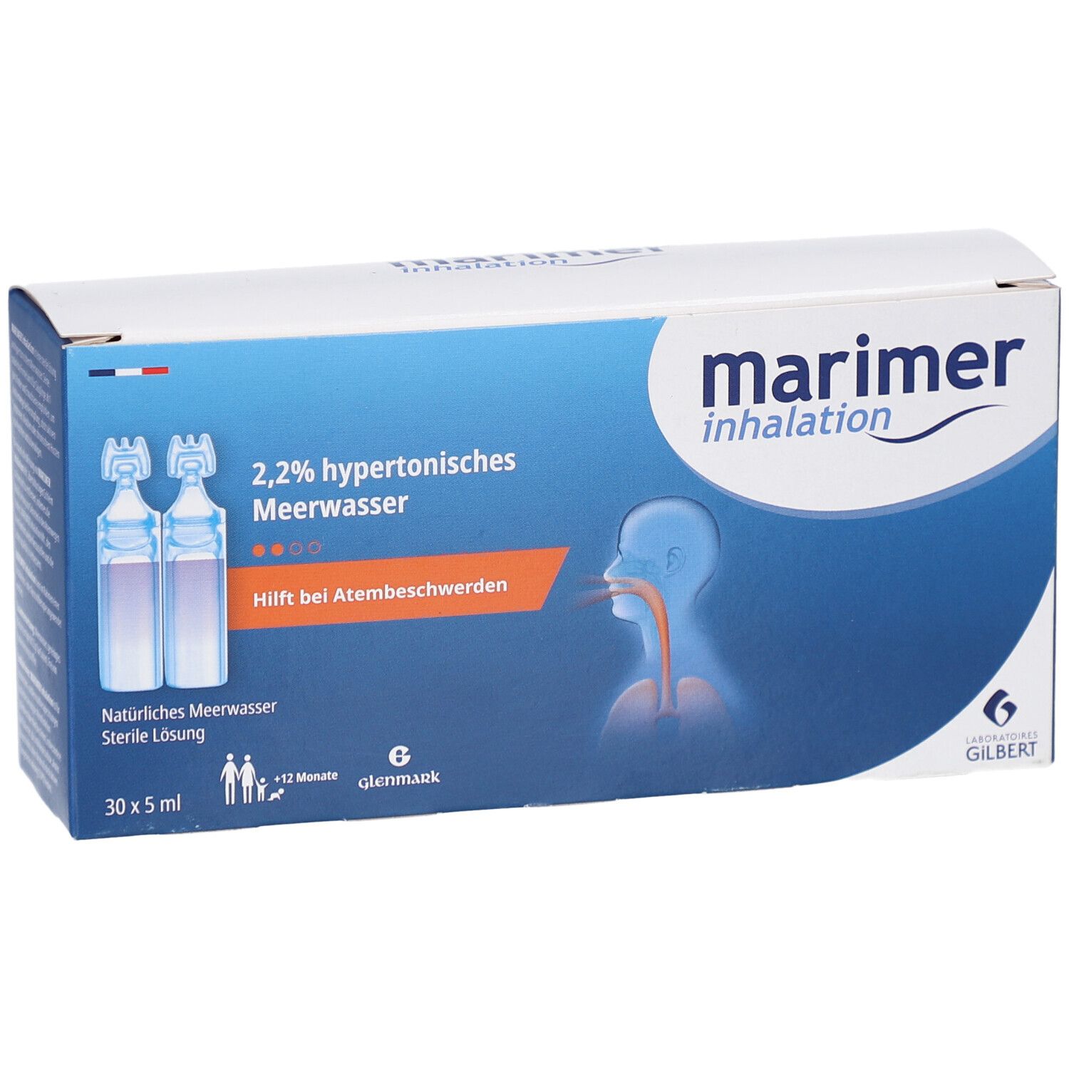 Karton mit Produktabbildung. Aufschrift: 2,2% hypertonisches Meerwasser. Hilft bei Atembeschwerden. Enthält Ampullen.