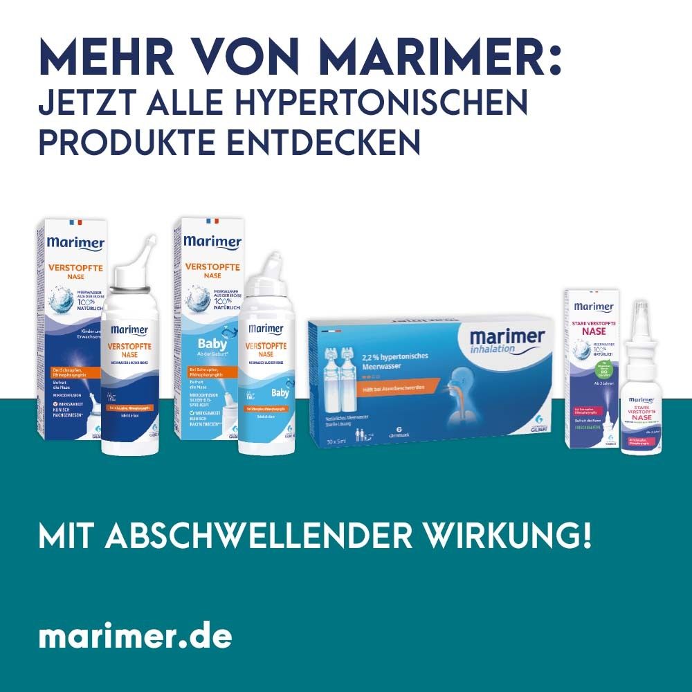 Werbung für MARIMER Produkte. Verschiedene Produkte mit abschwellender Wirkung. marimer.de.