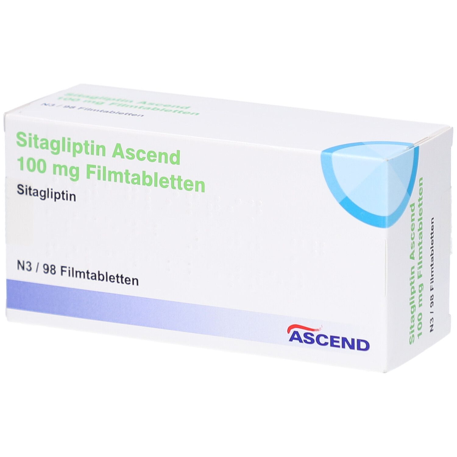 Schachtel mit "Sitagliptin Ascend 100 mg Filmtabletten". Weiß, mit blauem Akzent. "ASCEND" Logo.