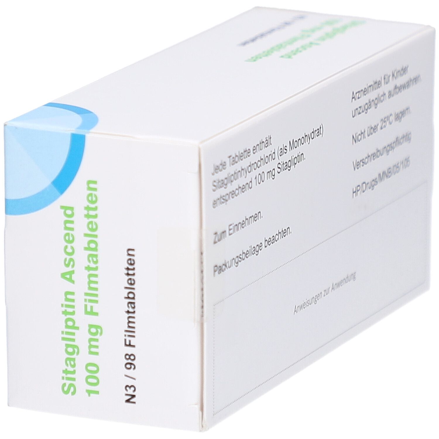 Schachtel "Sitagliptin Ascend 100 mg Filmtabletten". Seitenansicht mit Text und blauem Akzent. Weiß.