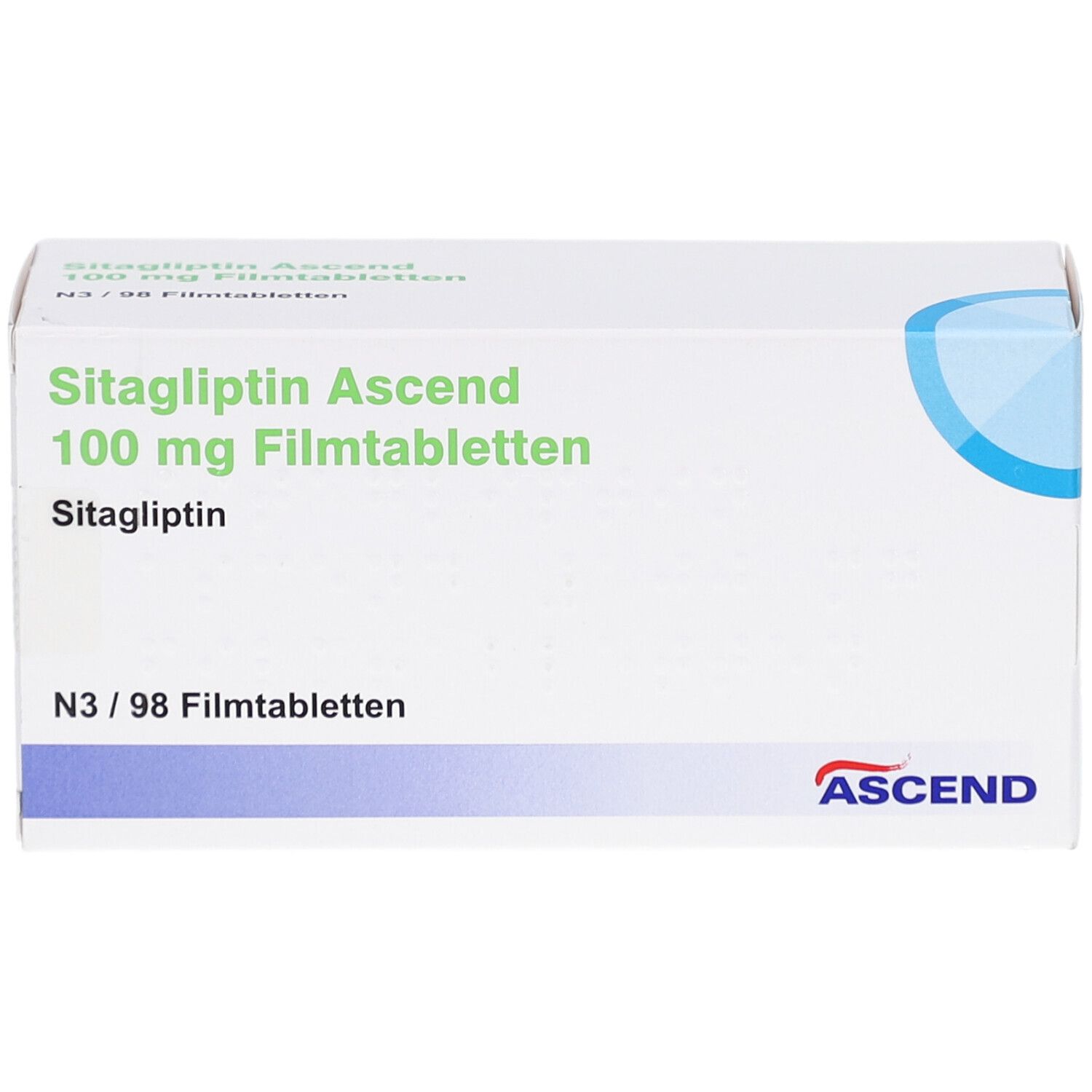 Schachtel "Sitagliptin Ascend 100 mg Filmtabletten". Vorderansicht. Weiß, mit blauem Akzent und "ASCEND" Logo.