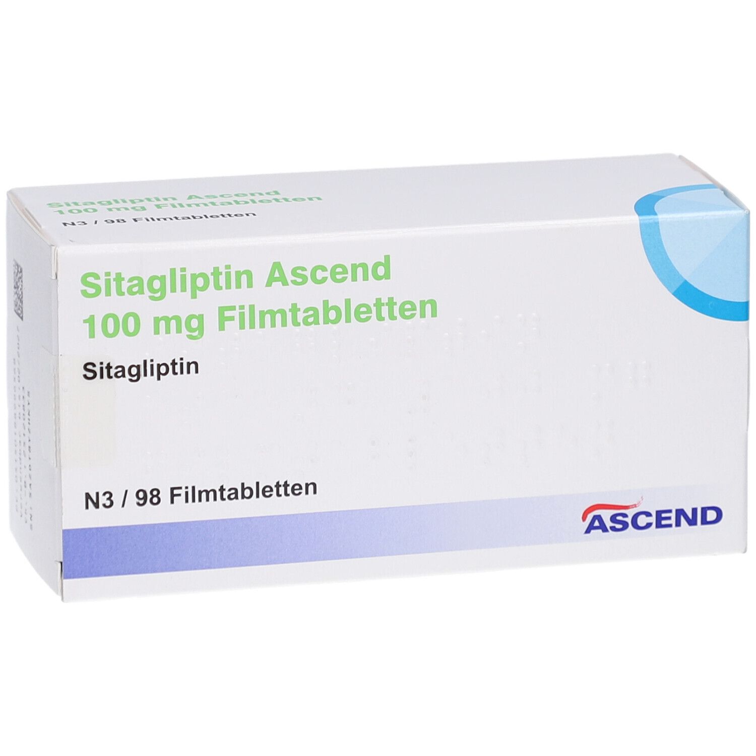 Schachtel "Sitagliptin Ascend 100 mg Filmtabletten". Vorderansicht. Weiß, mit blauem Akzent und "ASCEND" Logo.
