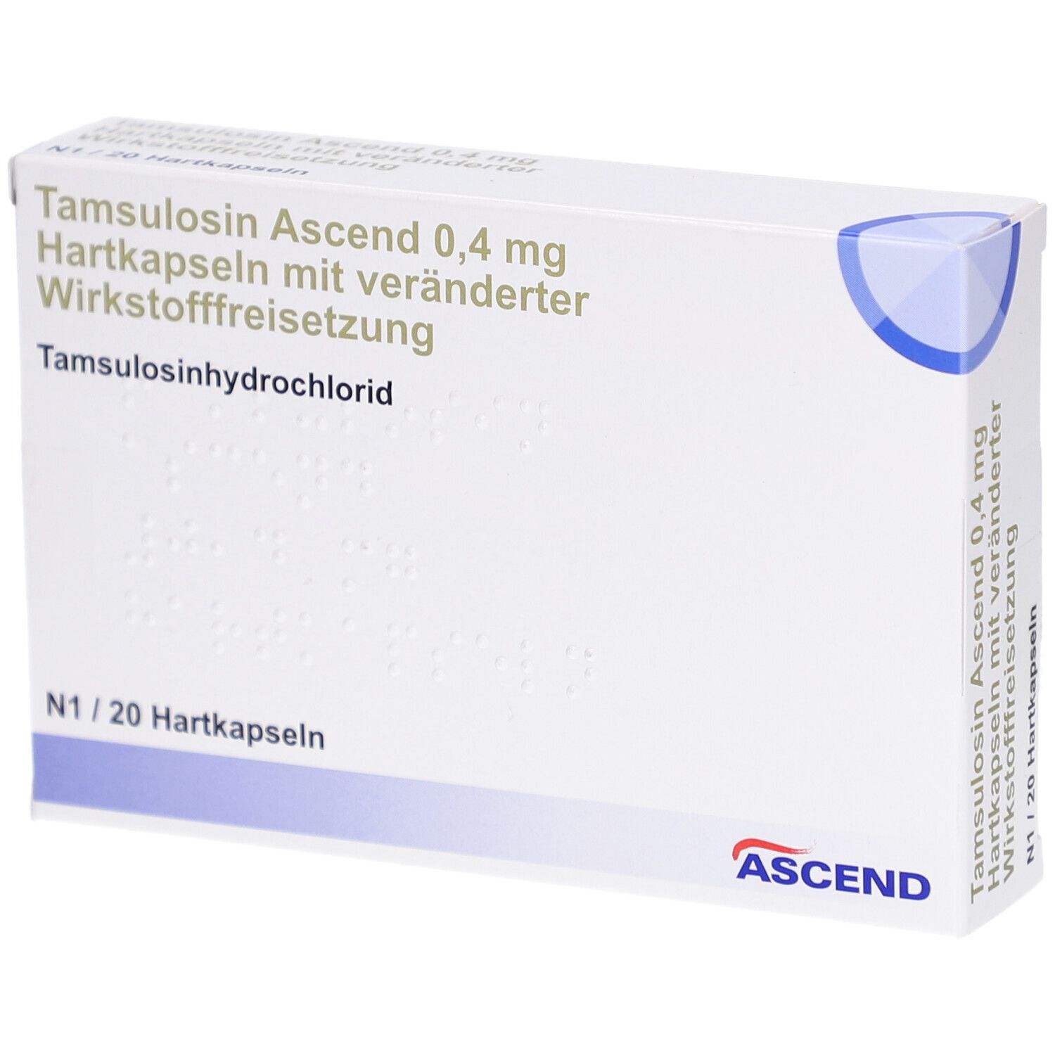 Weiße Arzneimittelverpackung mit blauer Ecke. Beschriftung: Tamsulosin Ascend 0,4 mg Hartkapseln. Ascend-Logo. N1/20 Hartkapseln.