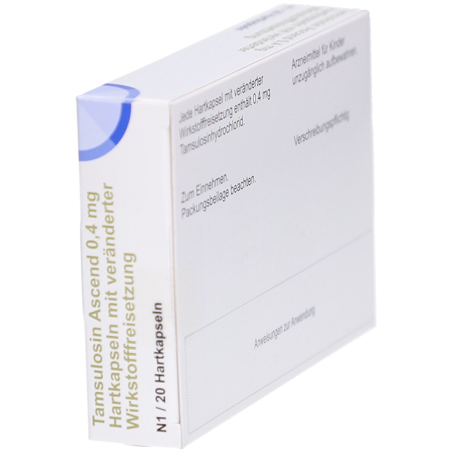 Weiße Arzneimittelverpackung mit blauer Ecke. Beschriftung: Tamsulosin Ascend 0,4 mg Hartkapseln. N1/20 Hartkapseln.